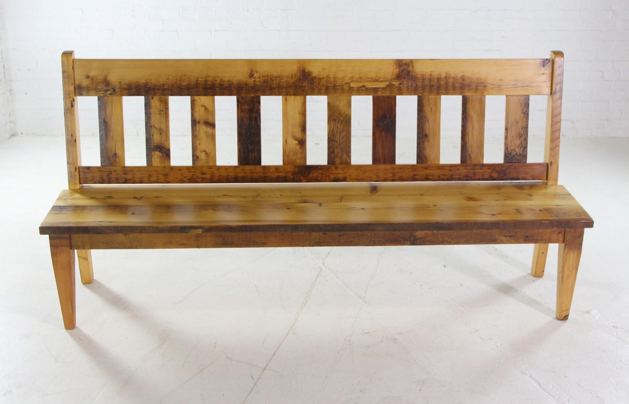 Made from old pine floor joists from old Brooklyn brownstones and factories, this upcycled bench comes with a natural stain and clear coat finish. This can be seen at our 333 West 52nd St location in the Theater District West of Manhattan.