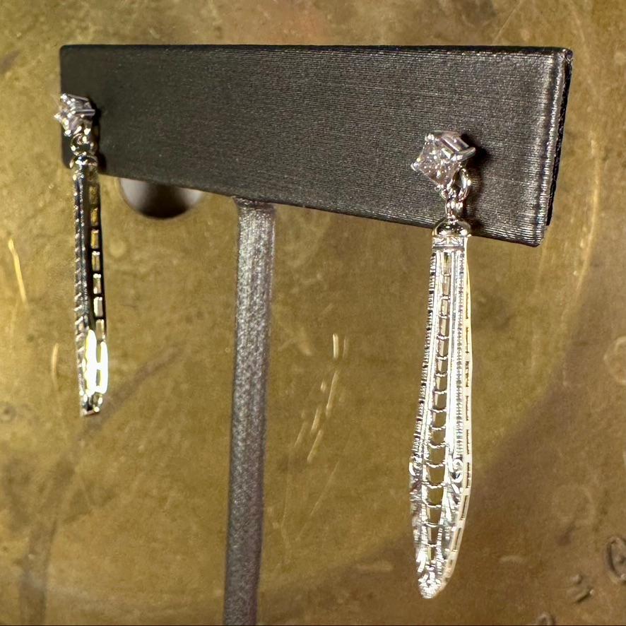 Upcycled platinum, 14k yg, & princess cut diamond dangle earrings by G&G Studio For Sale 1