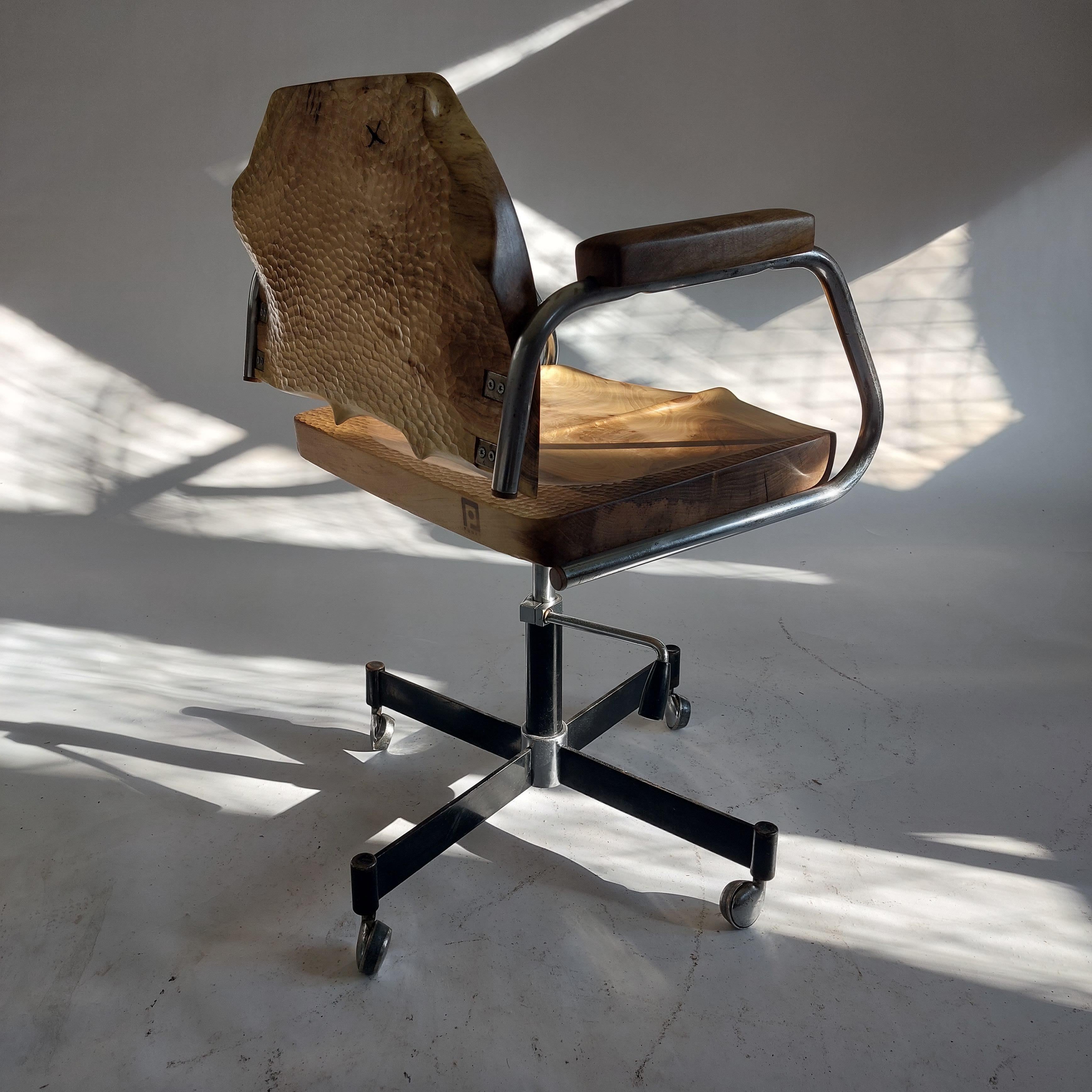 Organic Modern Upcycled Swivel Chair, Hand Carved Walnut Wood & 70s Original Vintage Metal Base