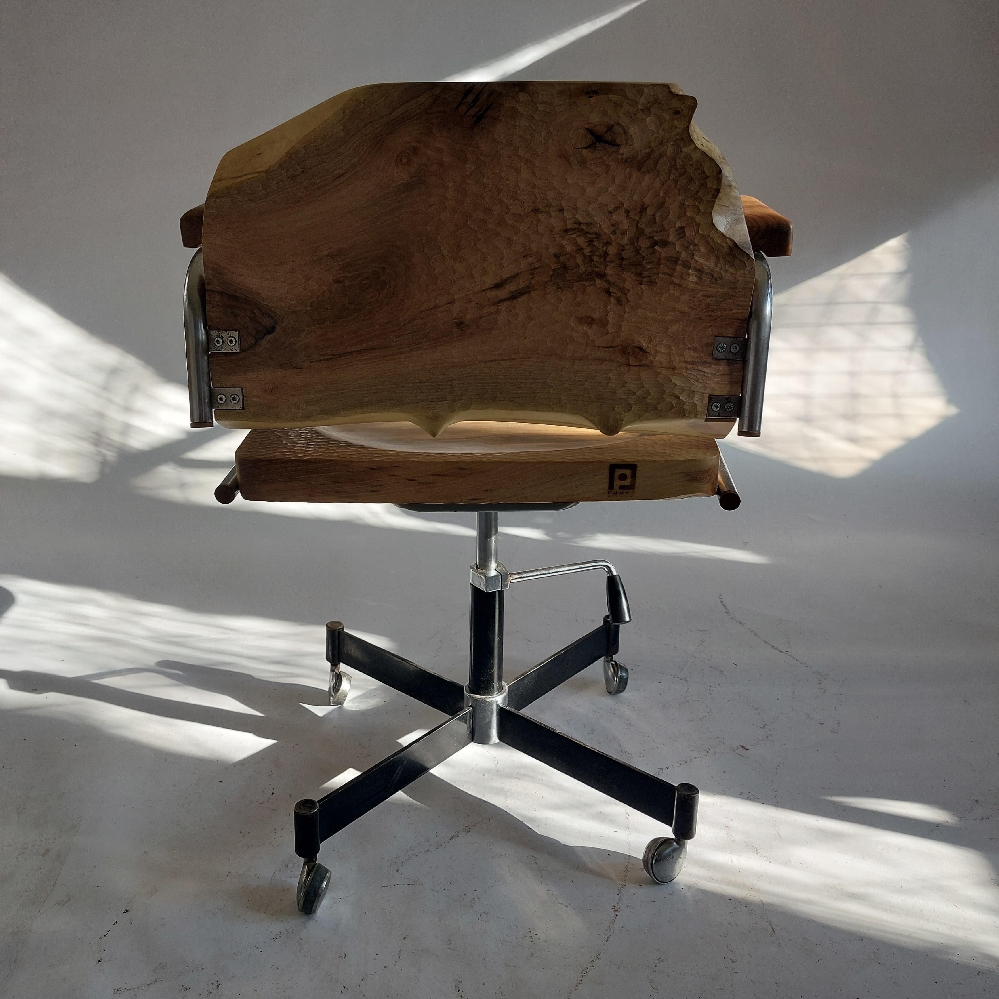 European Upcycled Swivel Chair, Hand Carved Walnut Wood & 70s Original Vintage Metal Base
