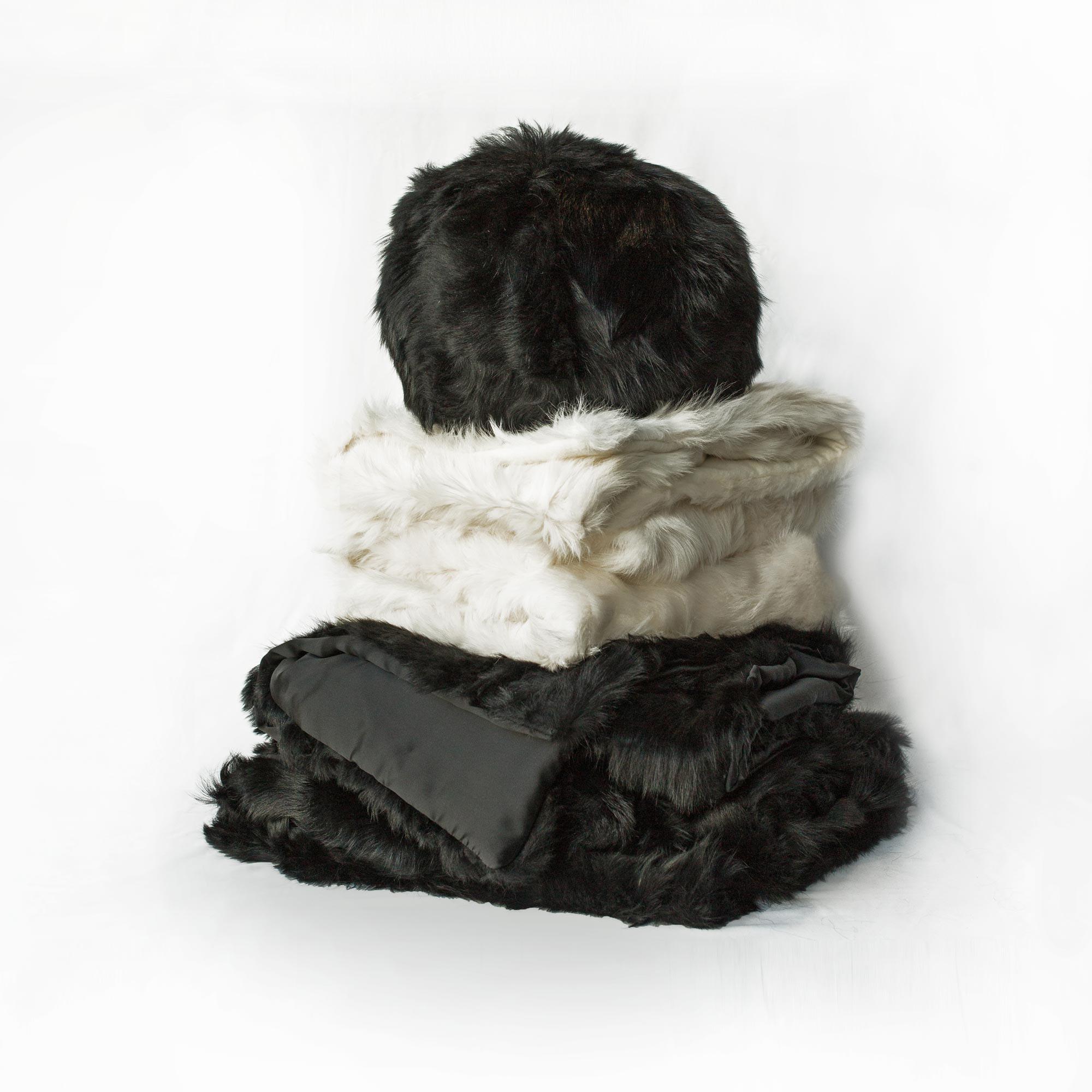 Contemporary Upcycled Toscana Sheepskin, Fur Snowball Pillow Black For Sale