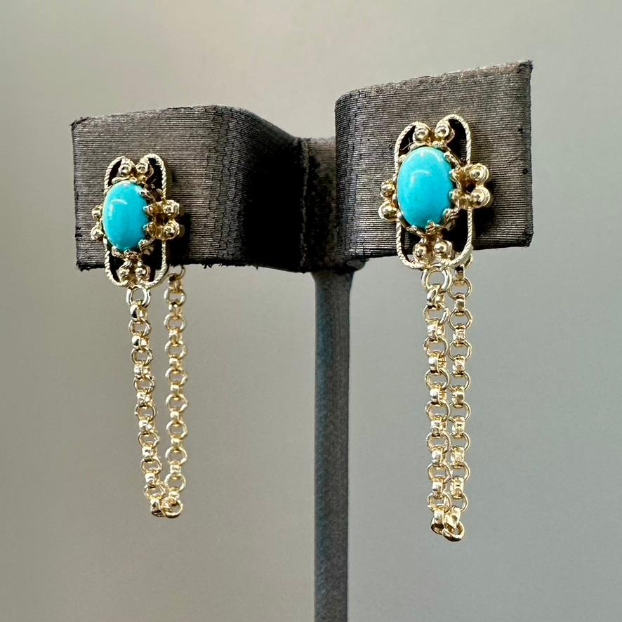 This lovely earring set is part two of an amazing upcycle project by Mary Elizabeth of Glitter and Gold Studio (find the matching bracelet in another Glitter and Gold listing!). 

The robin's egg turquoise cabochons set in their 14k yellow gold
