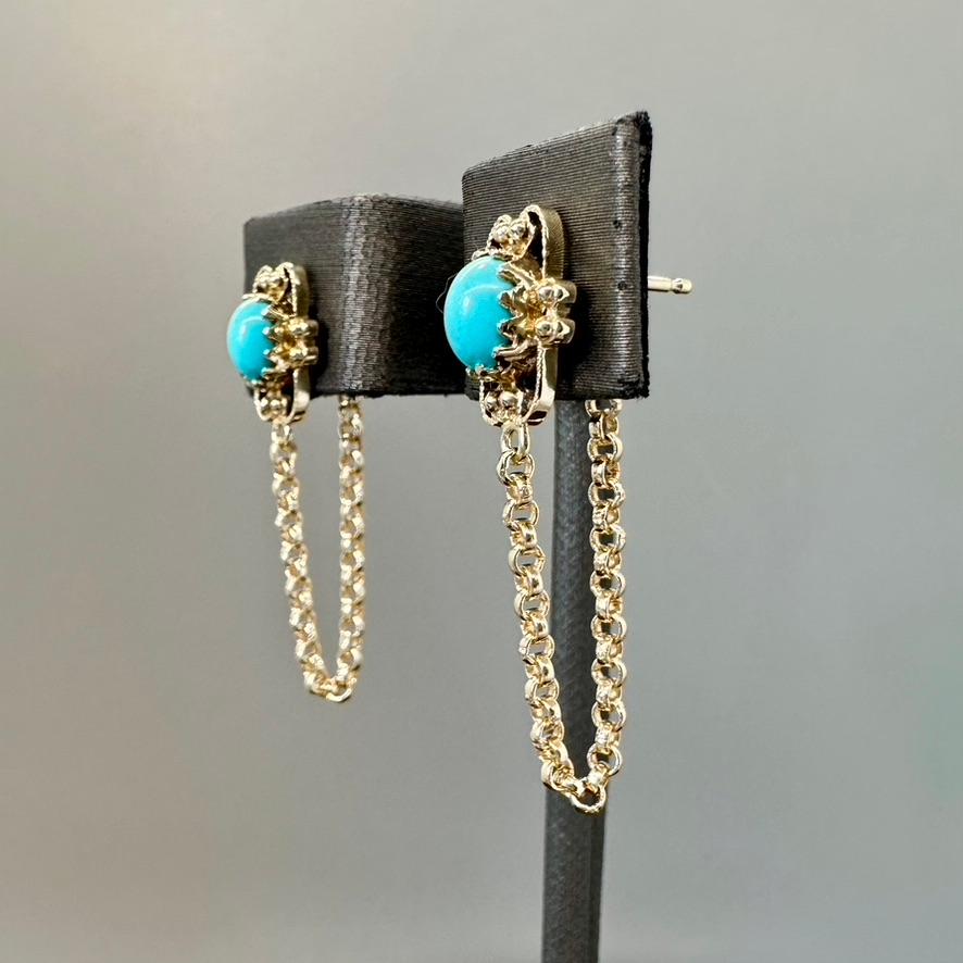 Contemporary Upcycled turquoise in 14k gold, and 18k gold rolo chain front to back earrings  For Sale