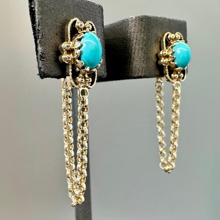 Women's or Men's Upcycled turquoise in 14k gold, and 18k gold rolo chain front to back earrings For Sale