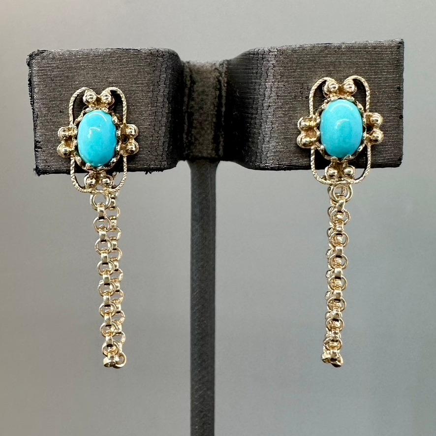 Upcycled turquoise in 14k gold, and 18k gold rolo chain front to back earrings  For Sale 1