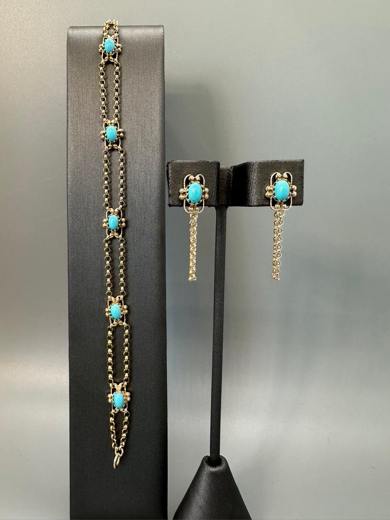 Upcycled turquoise in 14k gold, and 18k gold rolo chain front to back earrings  For Sale 2