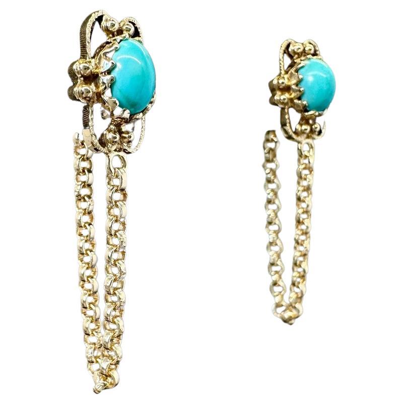 Upcycled turquoise in 14k gold, and 18k gold rolo chain front to back earrings  For Sale