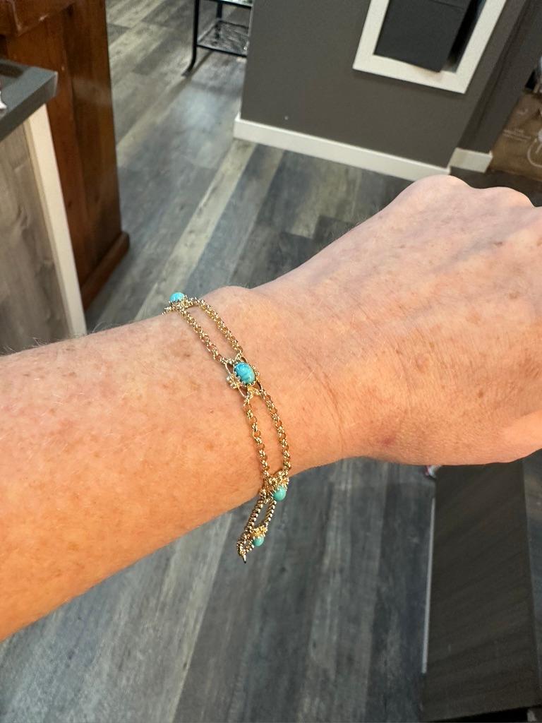 Cabochon Upcycled turquoise in 14k gold, and upcycled 18k gold rolo chain bracelet  For Sale