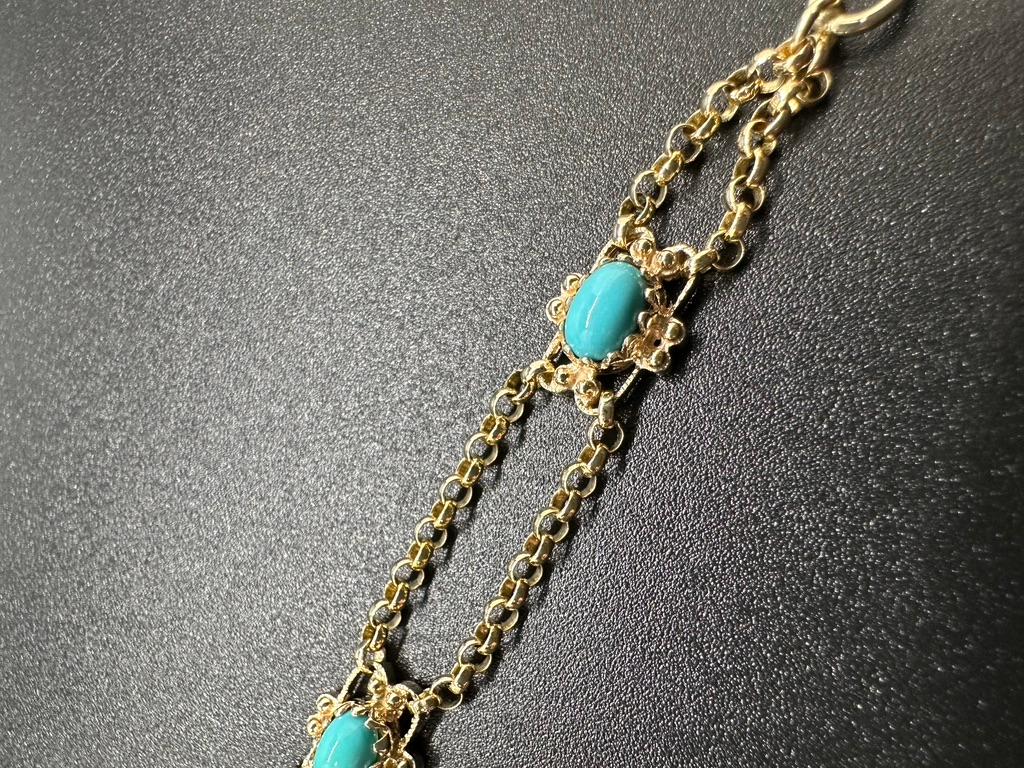 Women's or Men's Upcycled turquoise in 14k gold, and upcycled 18k gold rolo chain bracelet  For Sale