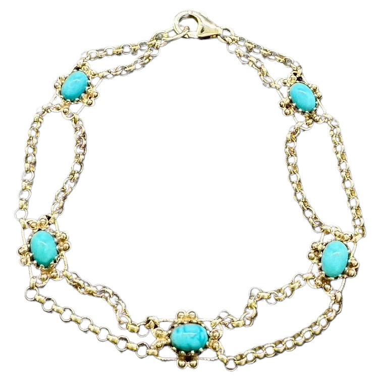 Upcycled turquoise in 14k gold, and upcycled 18k gold rolo chain bracelet  For Sale