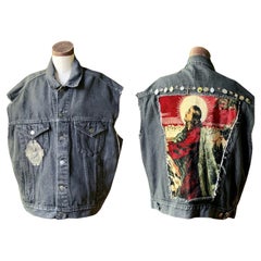 Upcycled Vintage Black Denim Vest Cut Off Religious Jesus VELVET Icons 54"