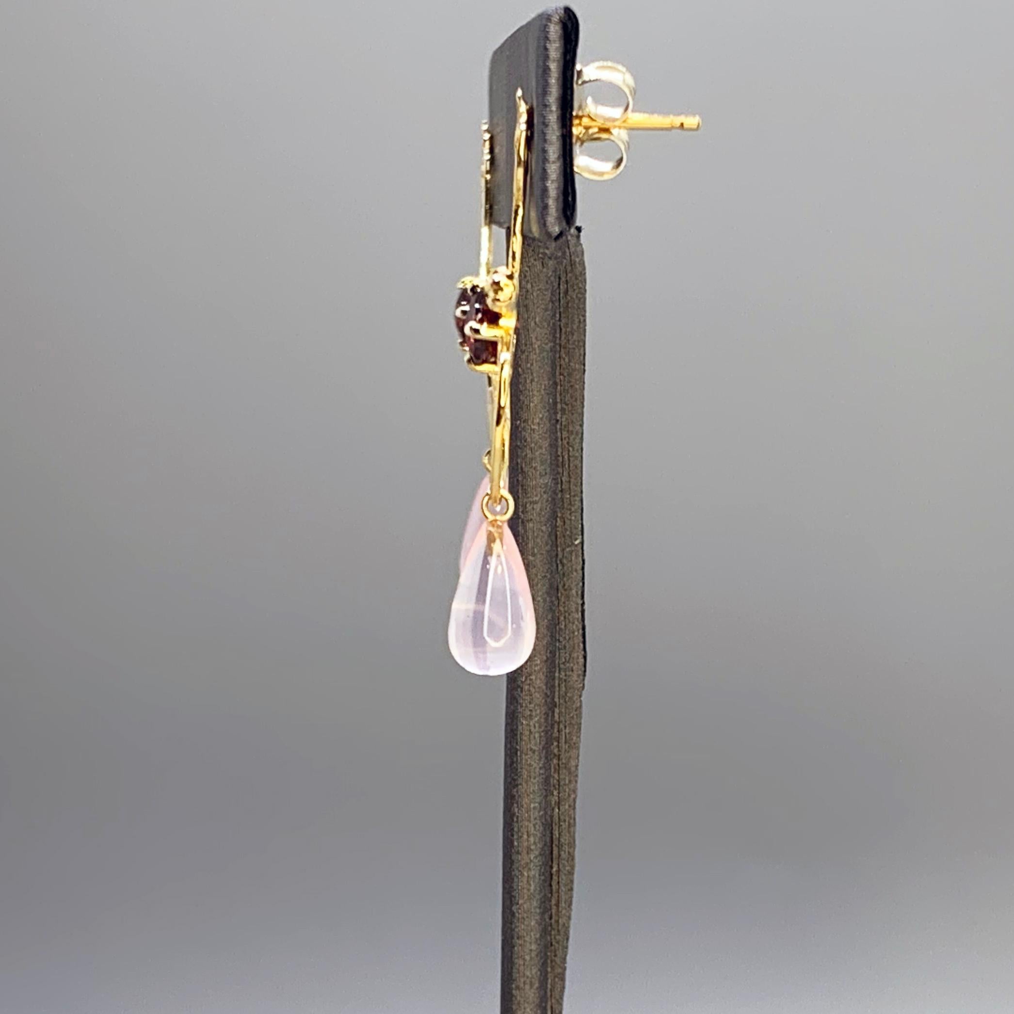 Briolette Cut Upcycled Vintage Earrings With Garnet, Rose Quartz, 10k & 14k Gold by G&G Studio For Sale