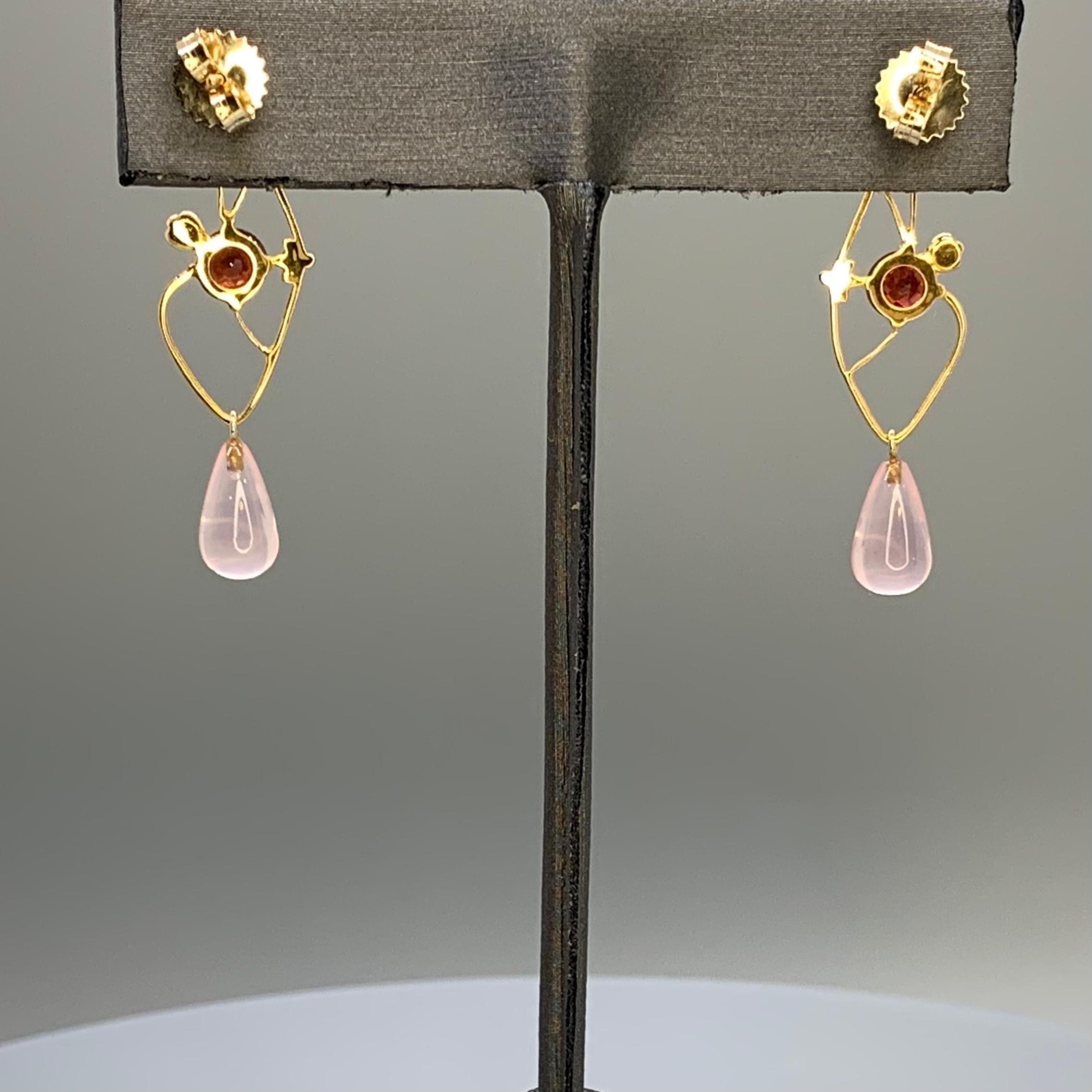 Upcycled Vintage Earrings With Garnet, Rose Quartz, 10k & 14k Gold by G&G Studio In New Condition For Sale In Seattle, WA