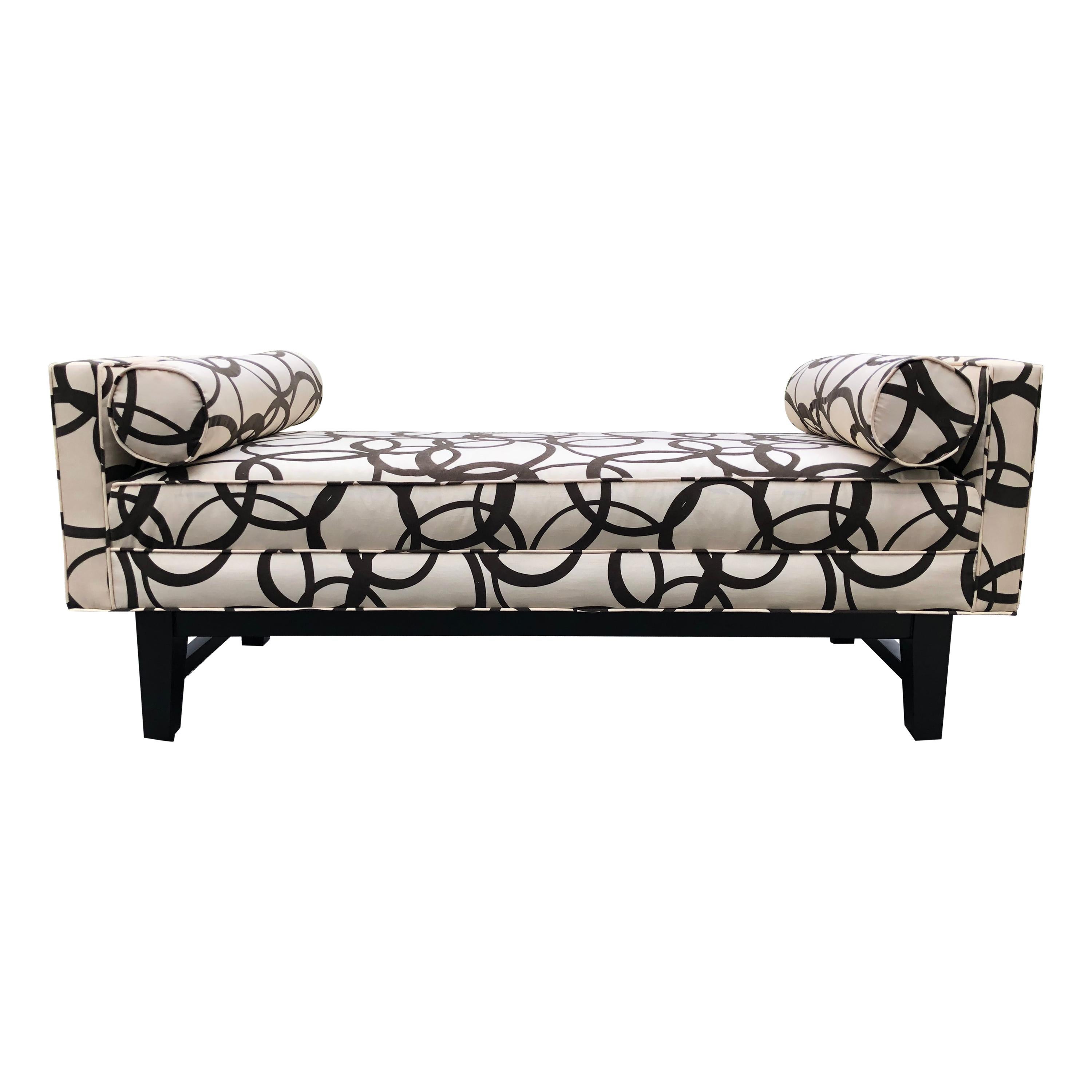 Updated Chic Mid-Century Modern Graphic Black and White Upholstered Bench For Sale