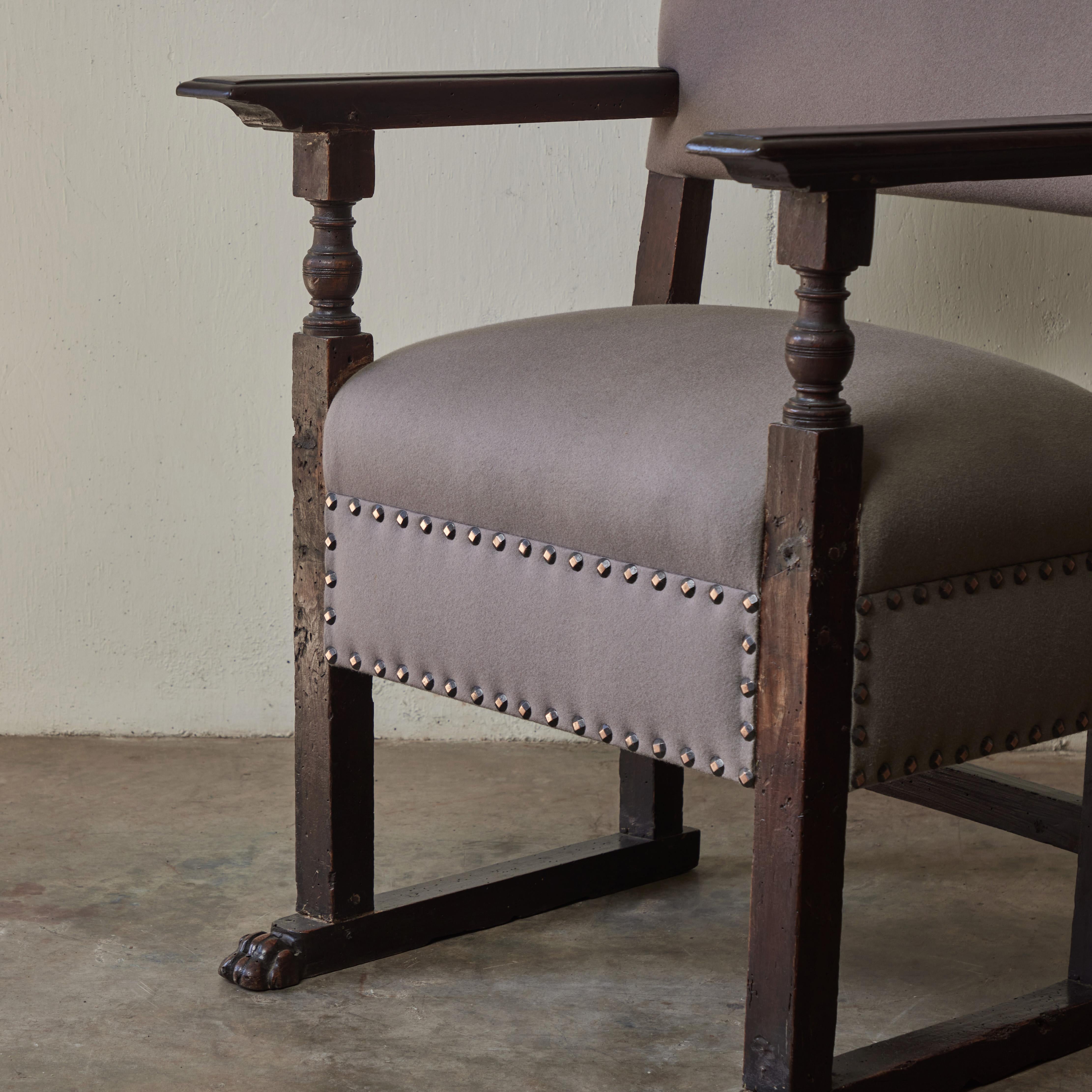 Upholstered 18th Century Italian Walnut Arm Chairs In Good Condition For Sale In Los Angeles, CA
