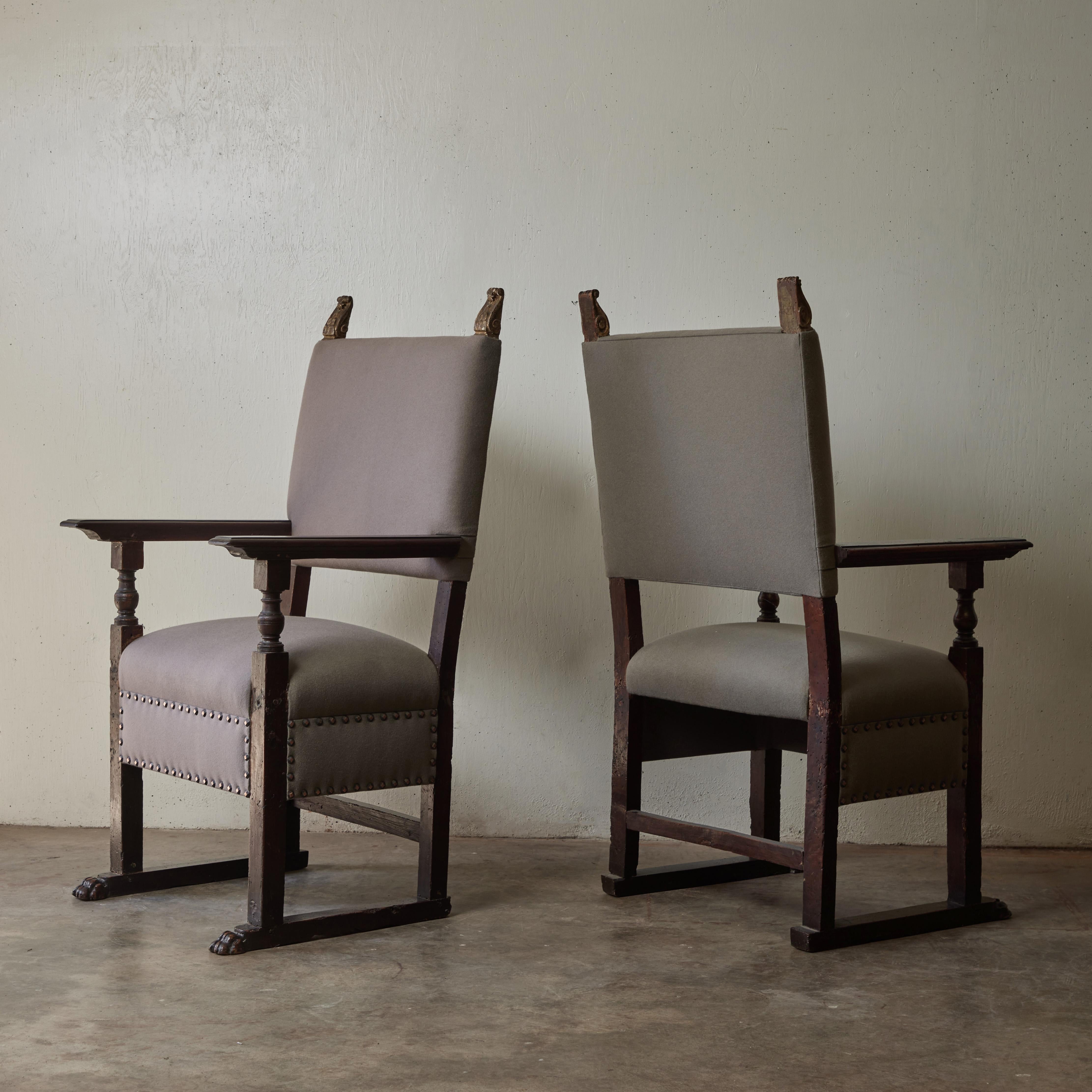 Linen Upholstered 18th Century Italian Walnut Arm Chairs For Sale