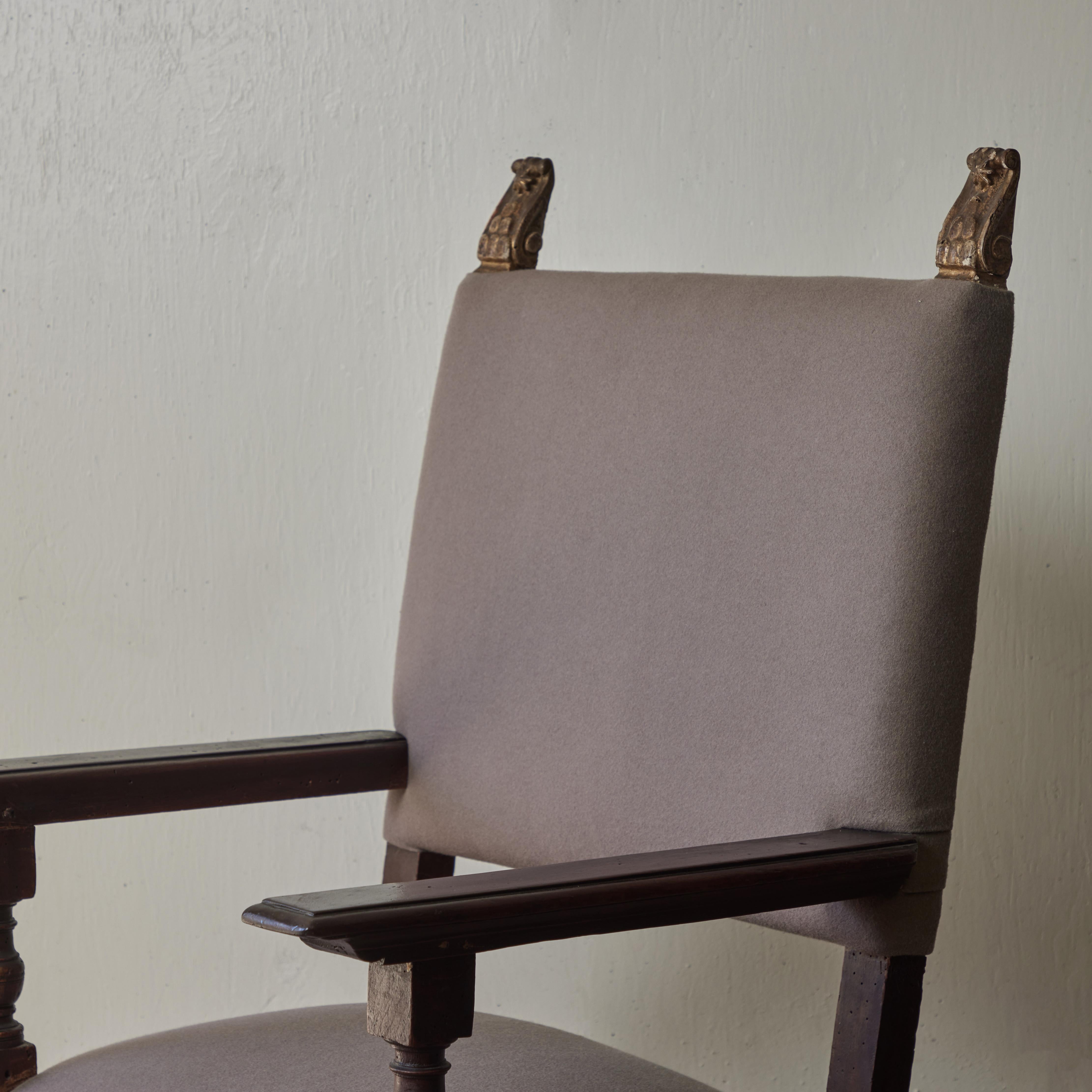 Upholstered 18th Century Italian Walnut Arm Chairs For Sale 1