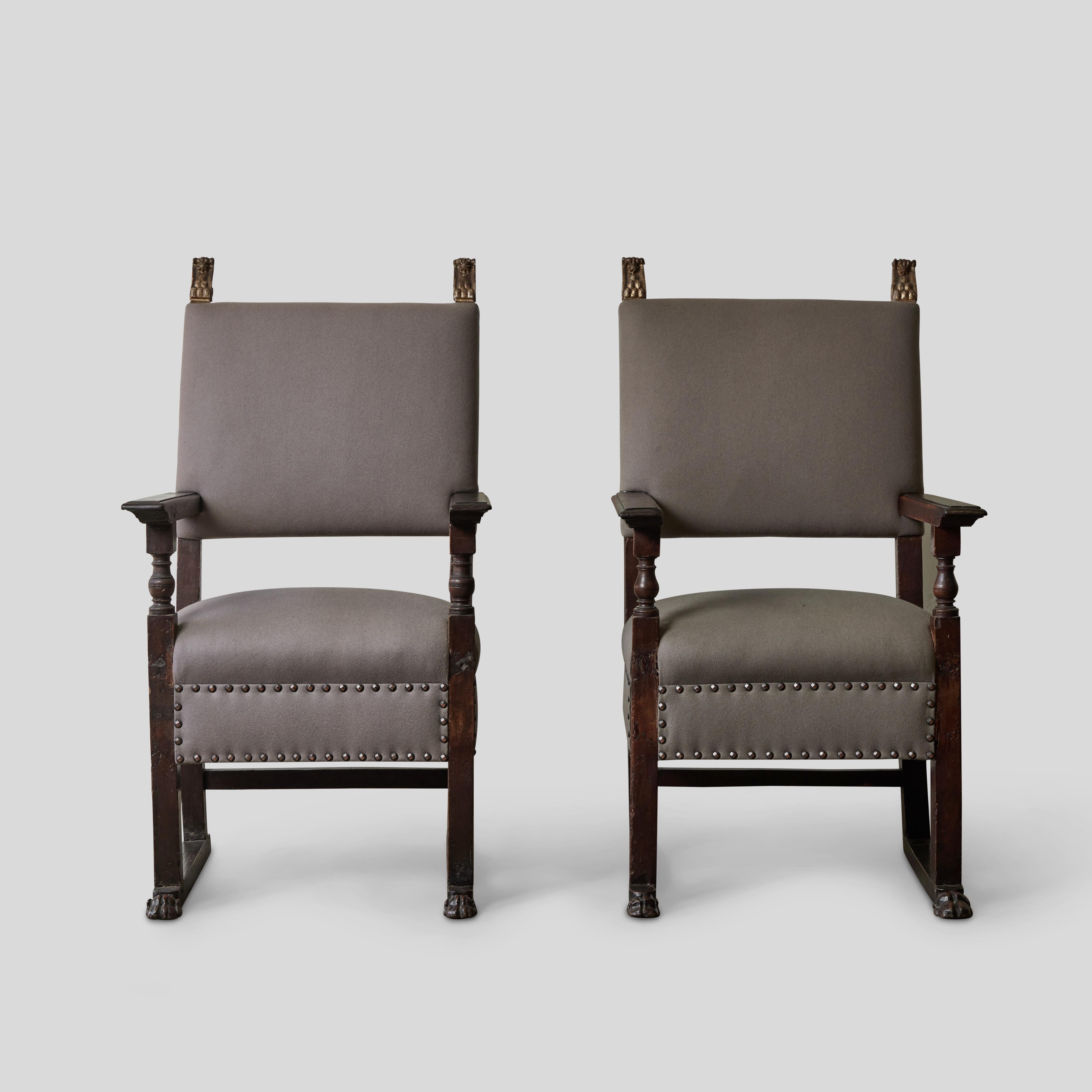 Upholstered 18th Century Italian Walnut Arm Chairs For Sale 2