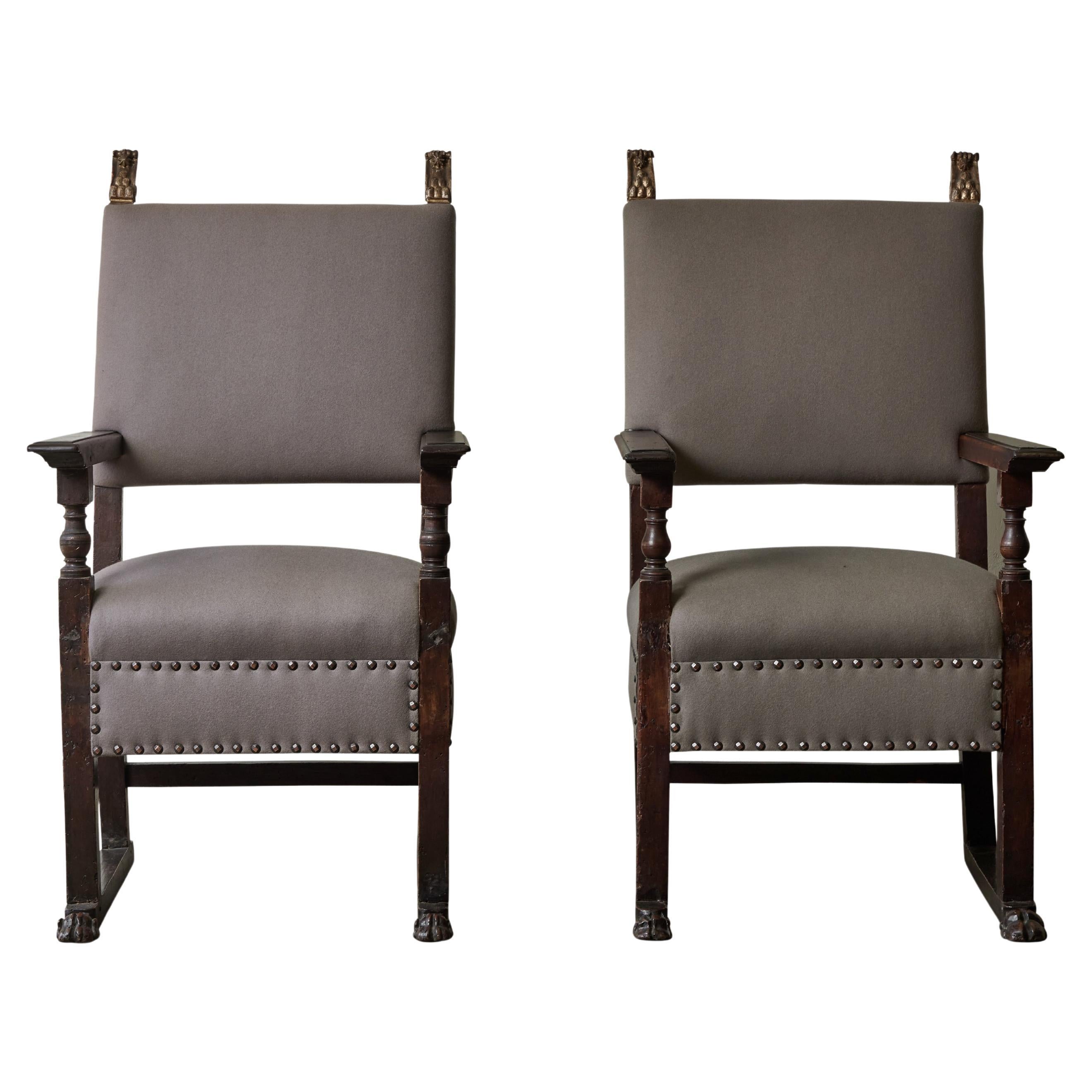 Upholstered 18th Century Italian Walnut Arm Chairs For Sale