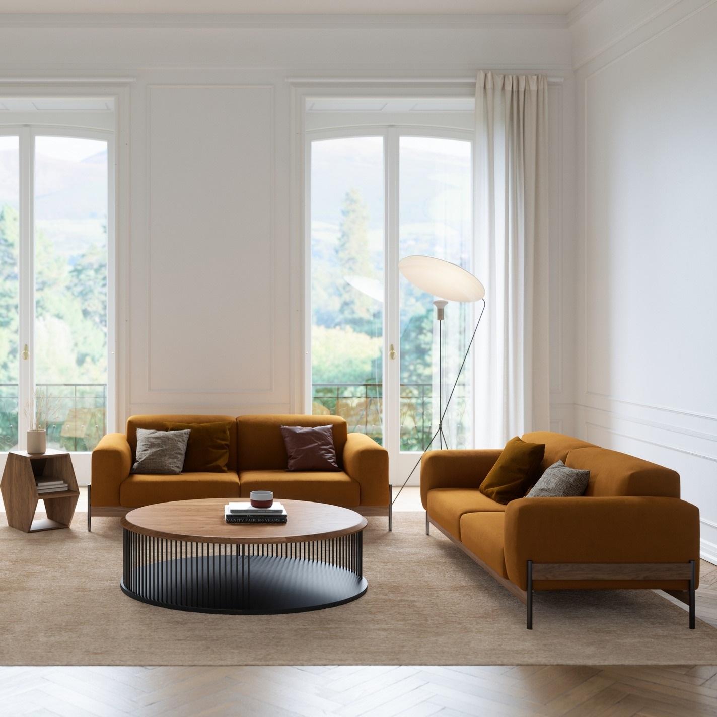 Gepolstertes Sofa mit 2 Sitzen und Eisen- und Holzstruktur. (Metall) im Angebot