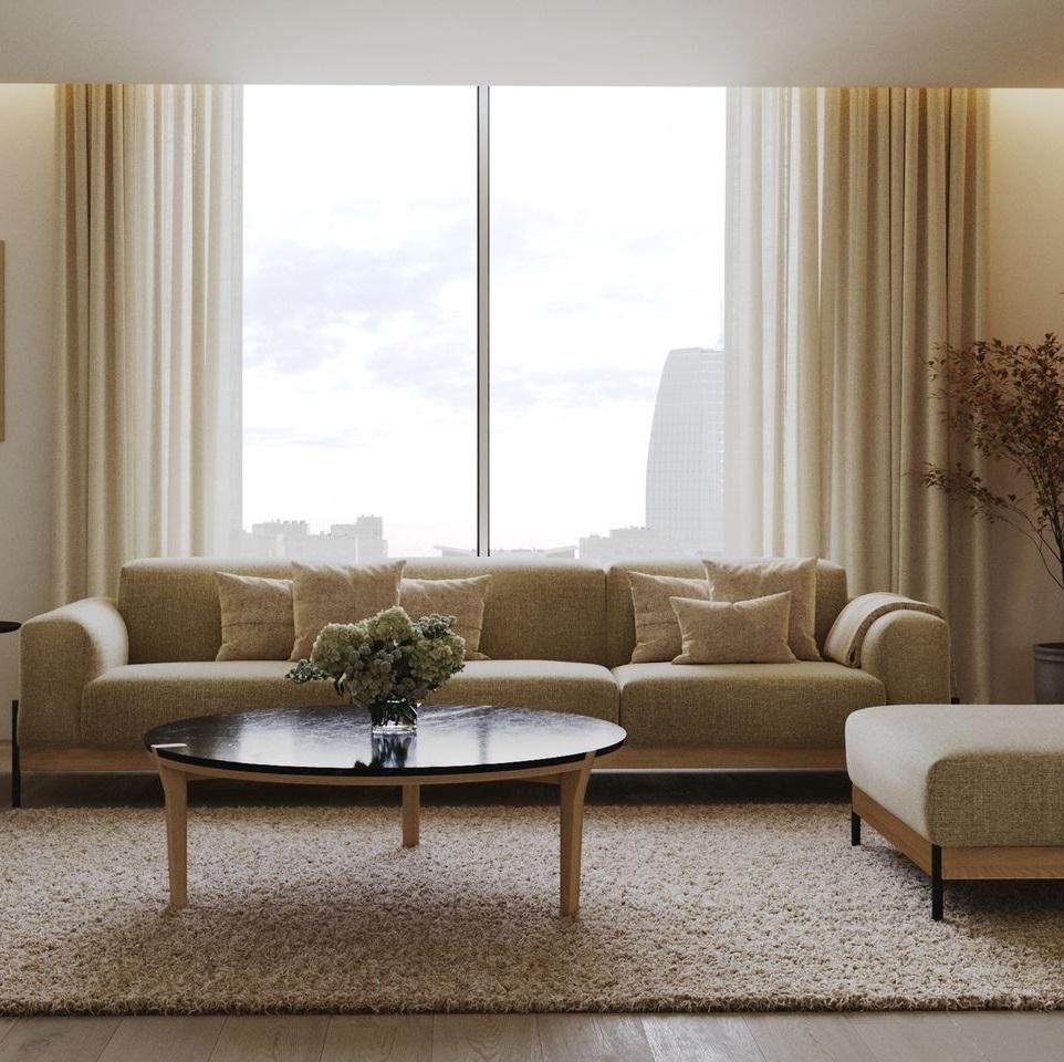 Gepolstertes Sofa mit 3 Sitzen und Eisen- und Holzstruktur. (21. Jahrhundert und zeitgenössisch) im Angebot