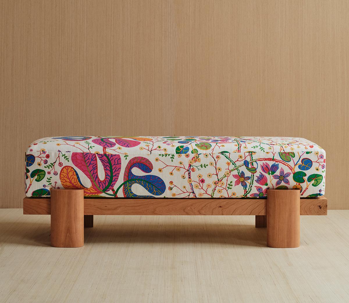American Upholstered 55-inch Cherry Wood Bench by Gregory Beson For Sale