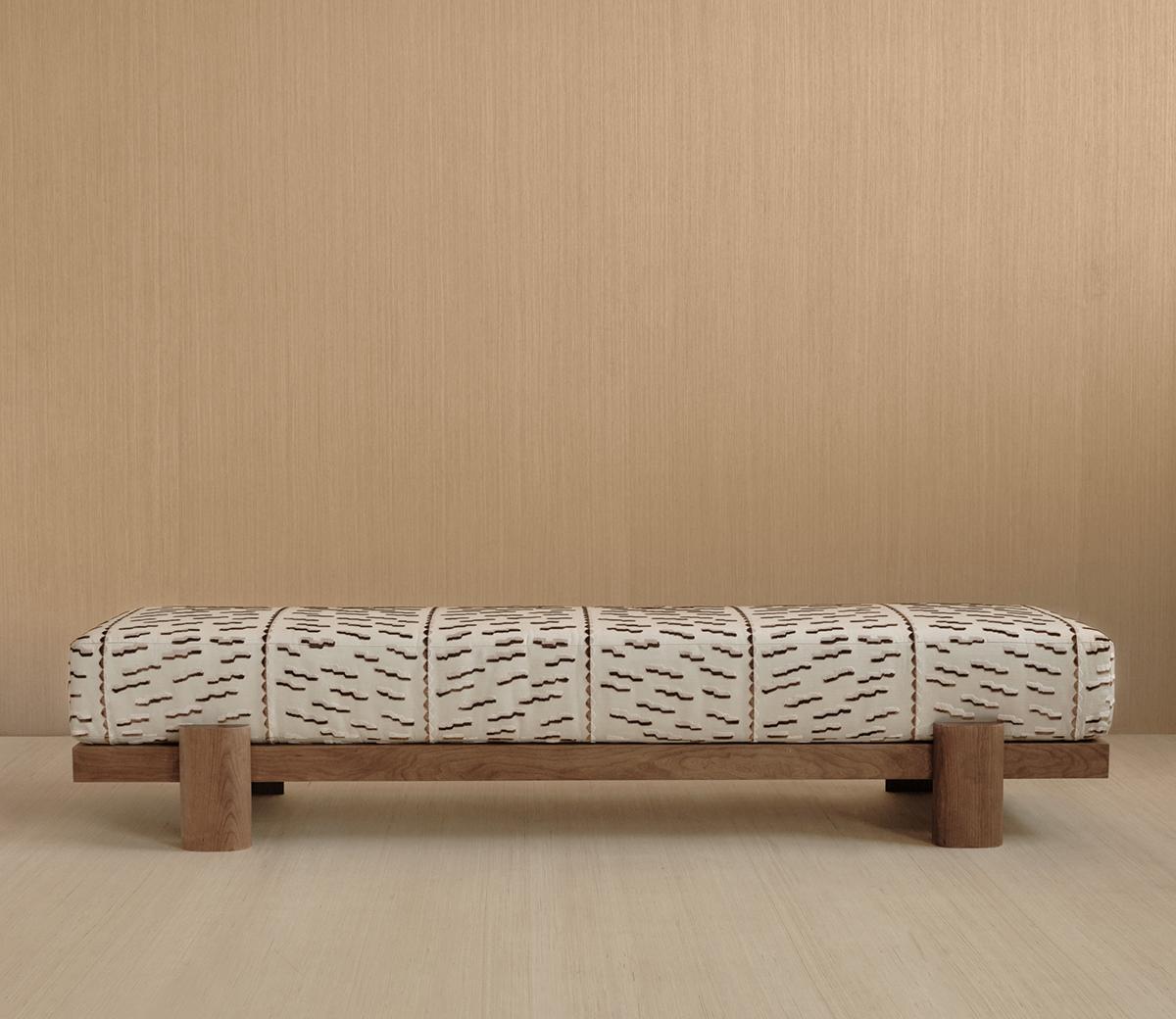 Contemporary Upholstered 72-inch Cherry Wood Bench by Gregory Beson For Sale