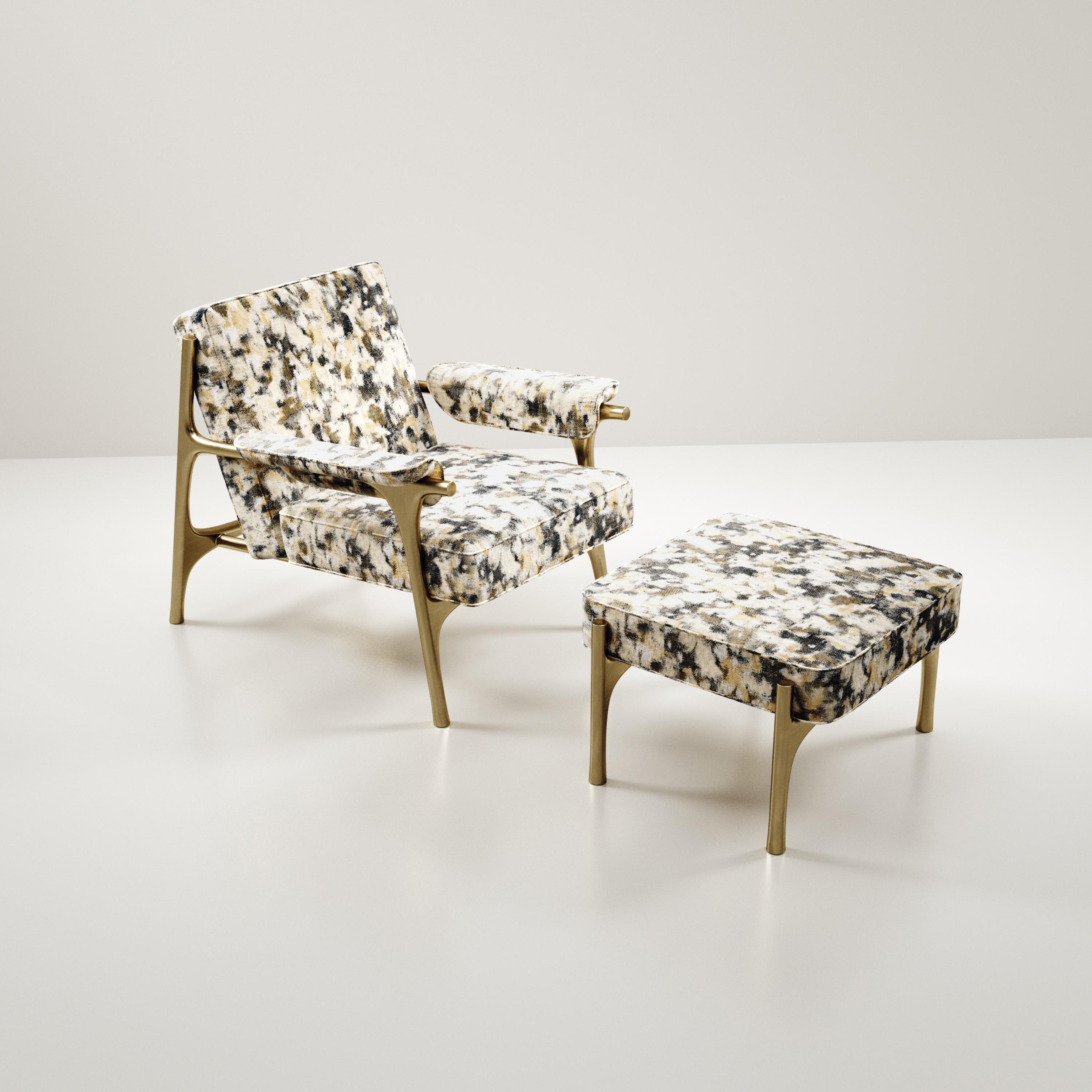 Hand-Crafted Upholstered Armchair and Footstool with Brass Details by R&Y Augousti For Sale