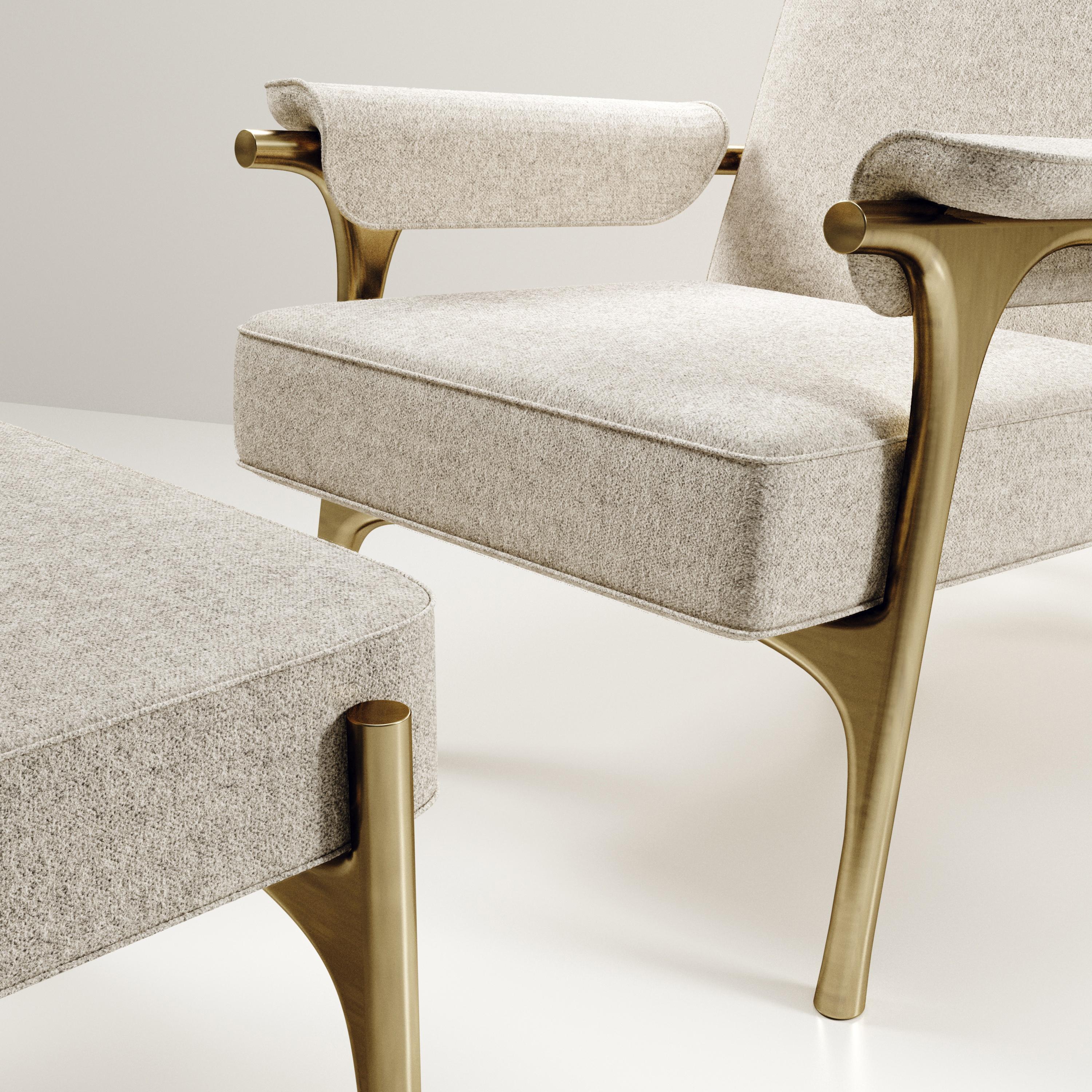 Contemporary Upholstered Armchair and Footstool with Brass Details by R&Y Augousti For Sale