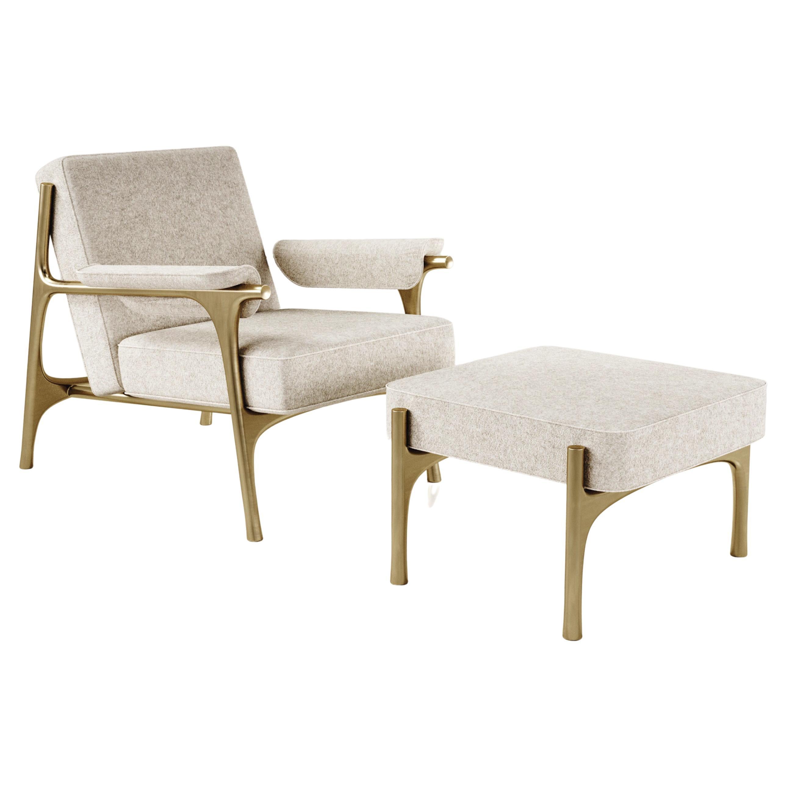 Upholstered Armchair and Footstool with Brass Details by R&Y Augousti
