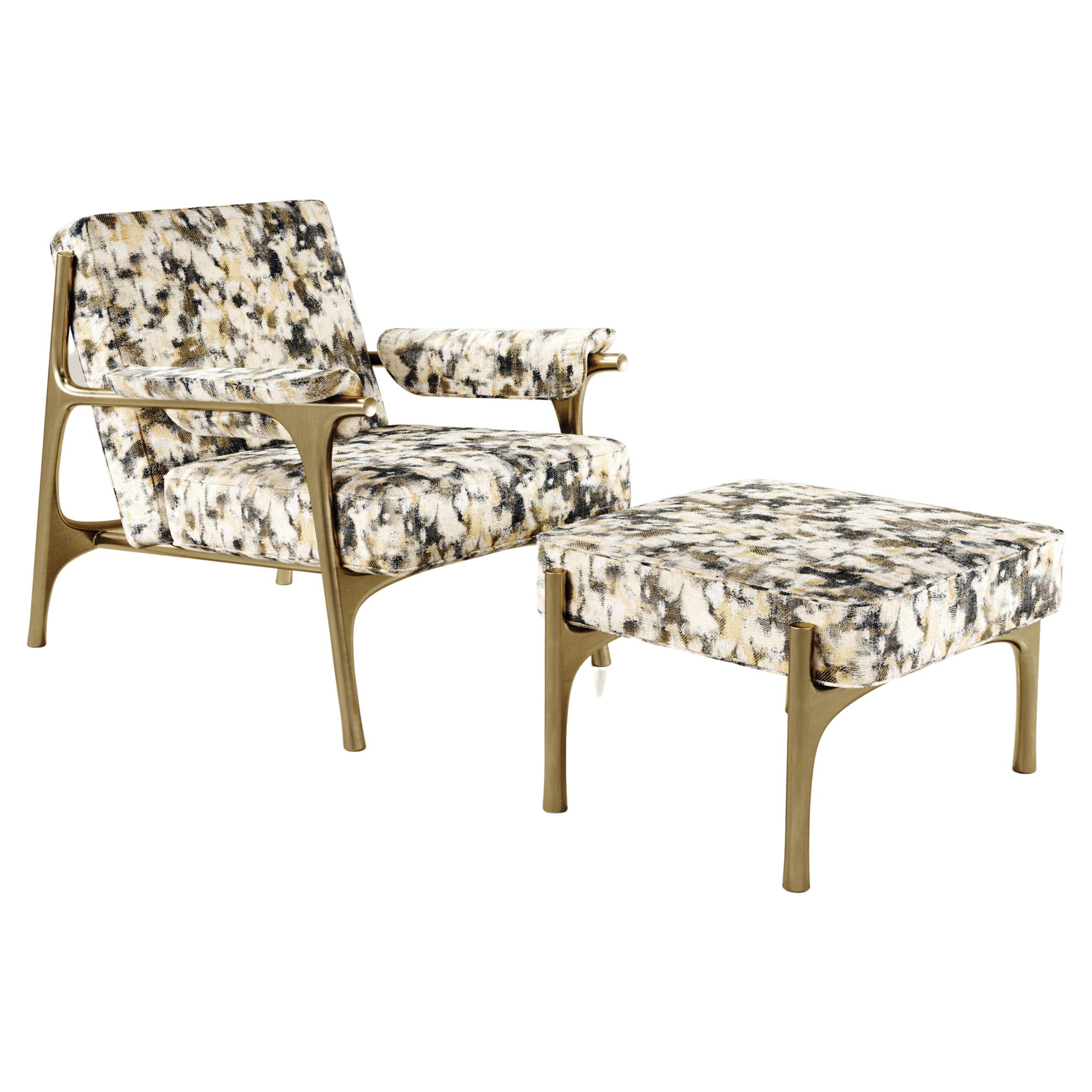 Upholstered Armchair and Footstool with Brass Details by R&Y Augousti For Sale