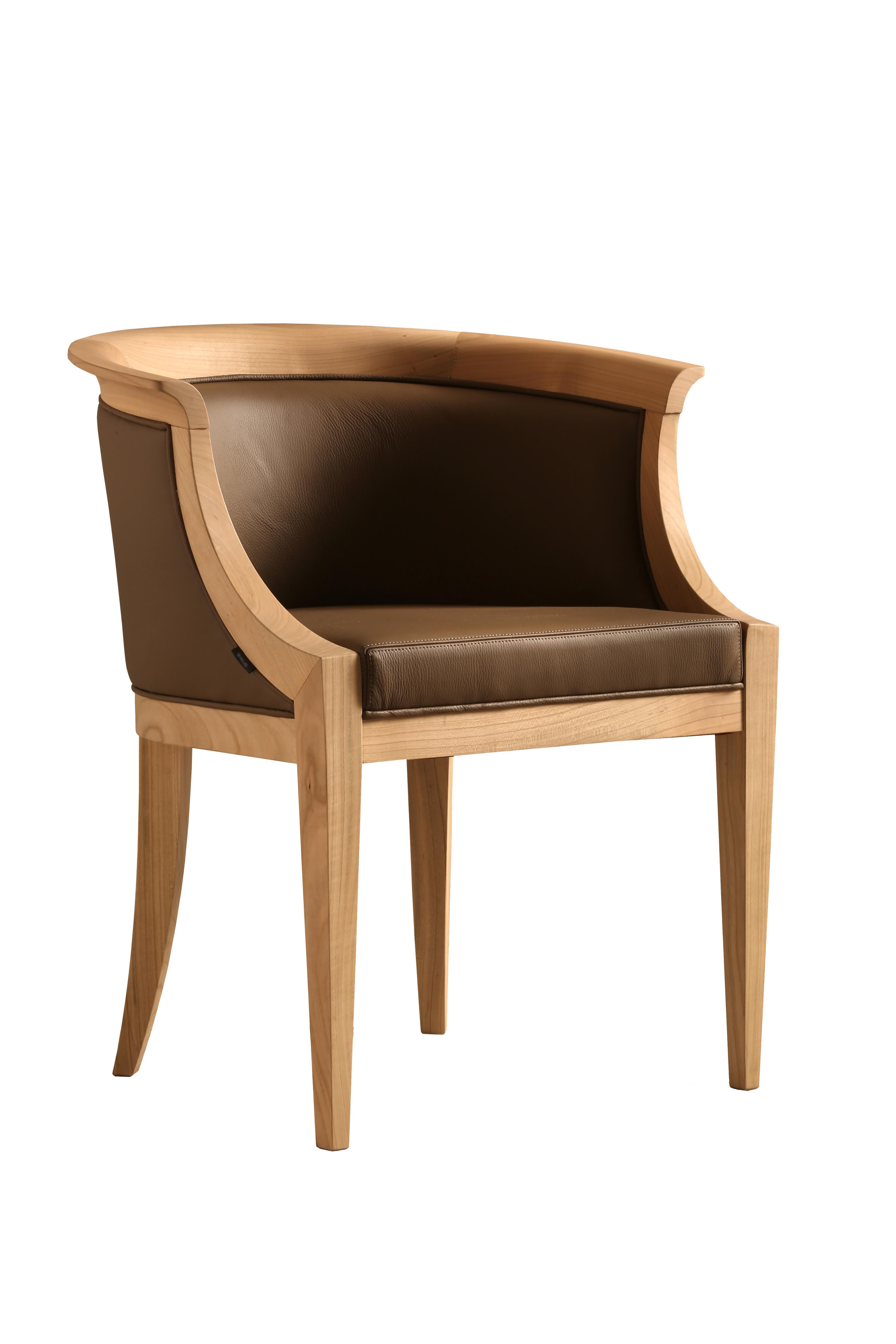 Biedermeier style upholstered armchair made of cherrywood. 
Upholstered with leather or fabric.
Customizable with different wood finishes and coating materials/colors
made in Italy by Morelato

  
