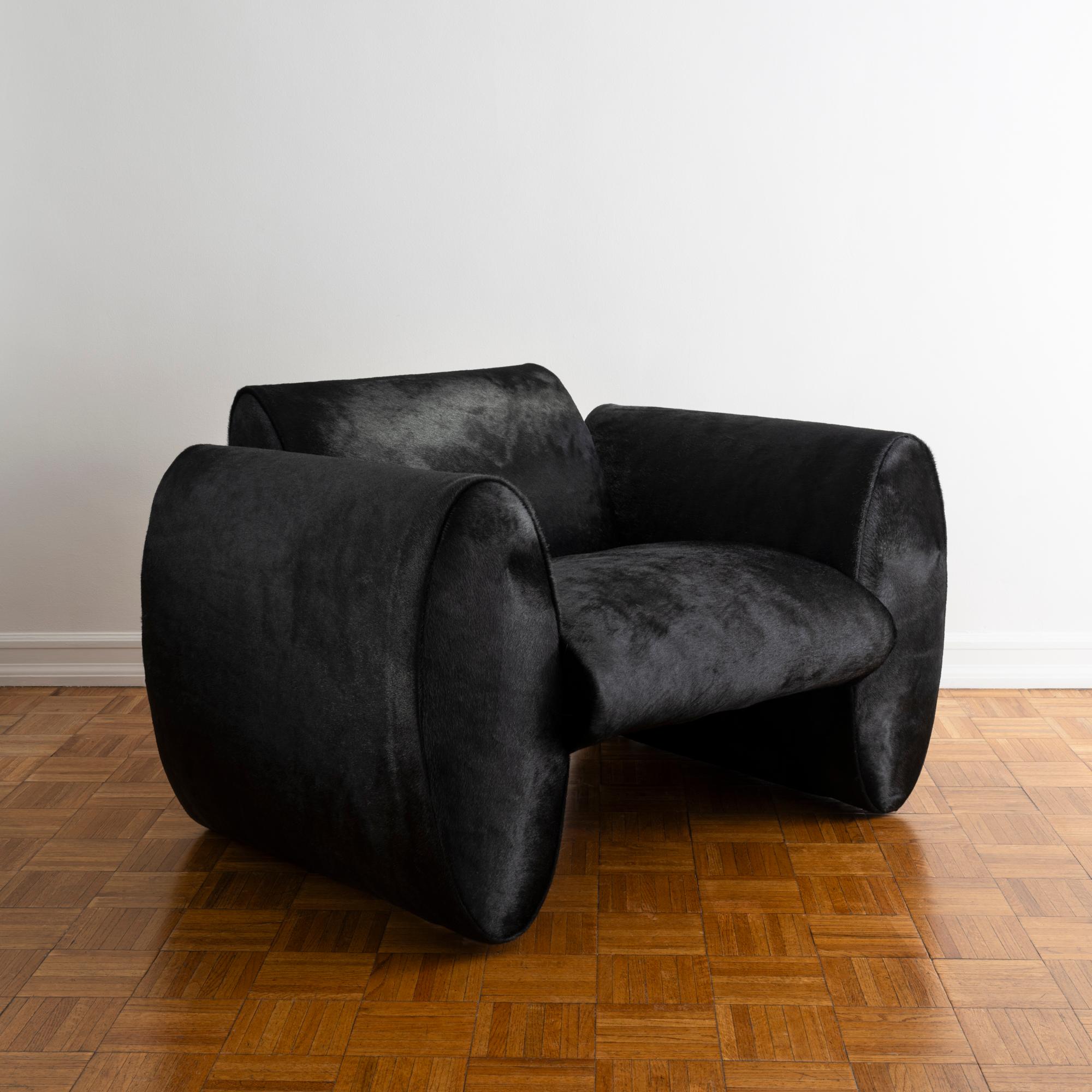 British Upholstered Armchair or Club Chair in Black Hair-on-Hide Designed by EJR Barnes For Sale