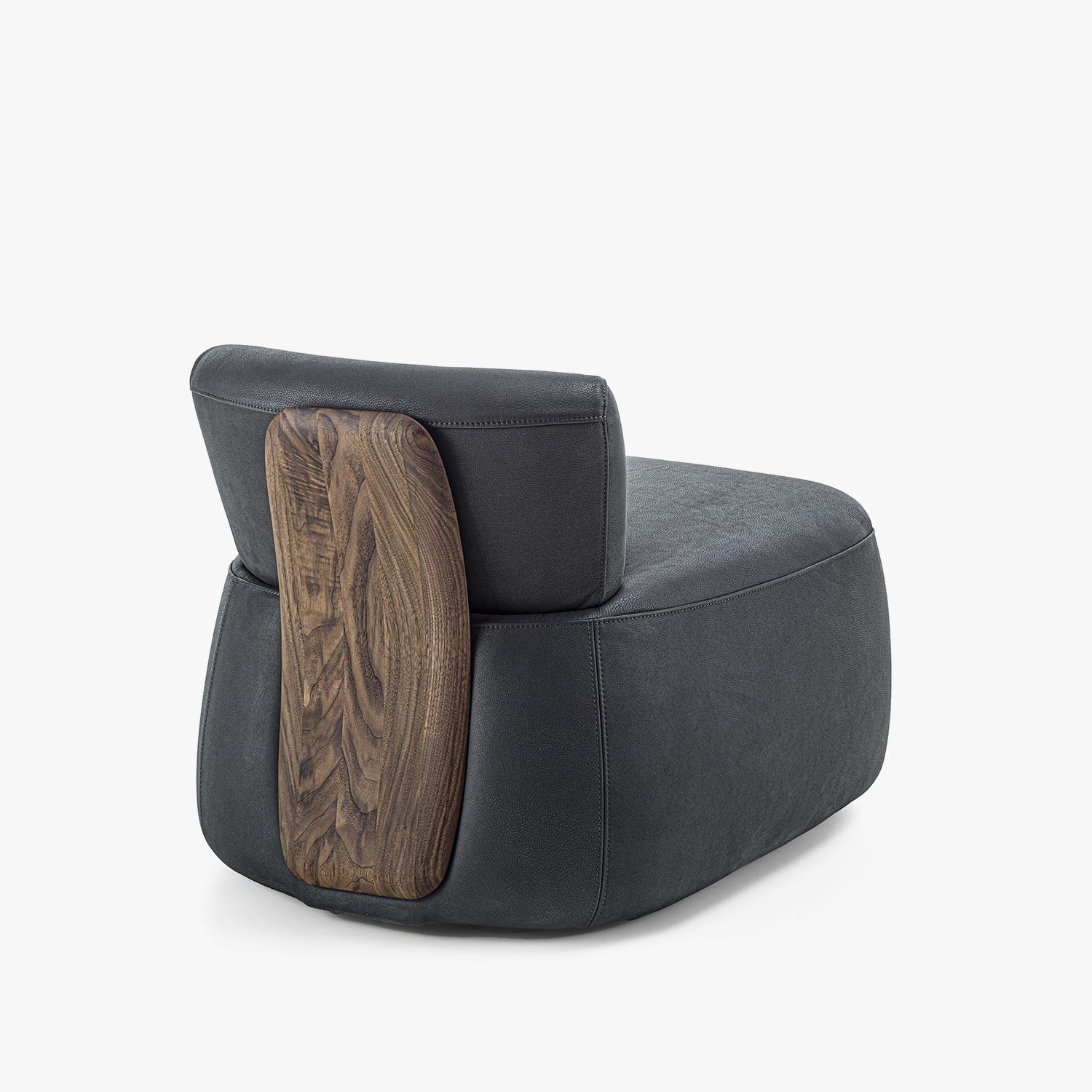 Modern Upholstered Armchair with a Distinctive Solid Wood Backrest For Sale