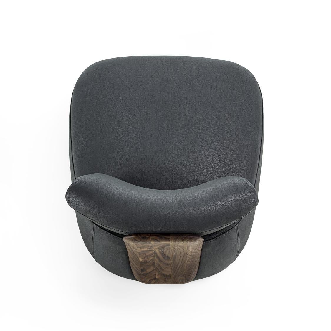 Contemporary Upholstered Armchair with a Distinctive Solid Wood Backrest For Sale