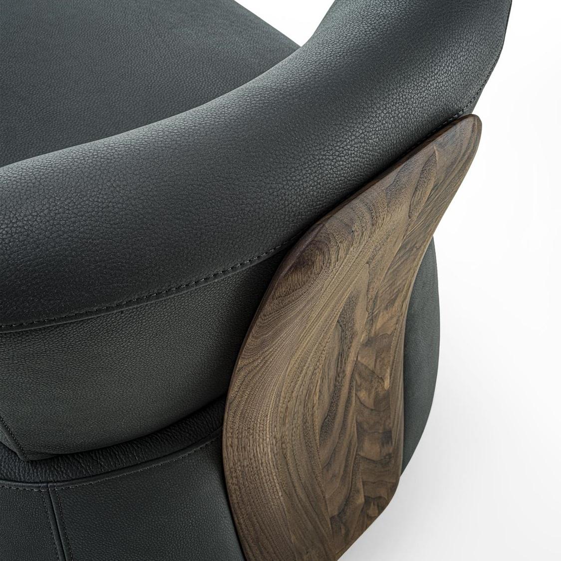 Fabric Upholstered Armchair with a Distinctive Solid Wood Backrest For Sale