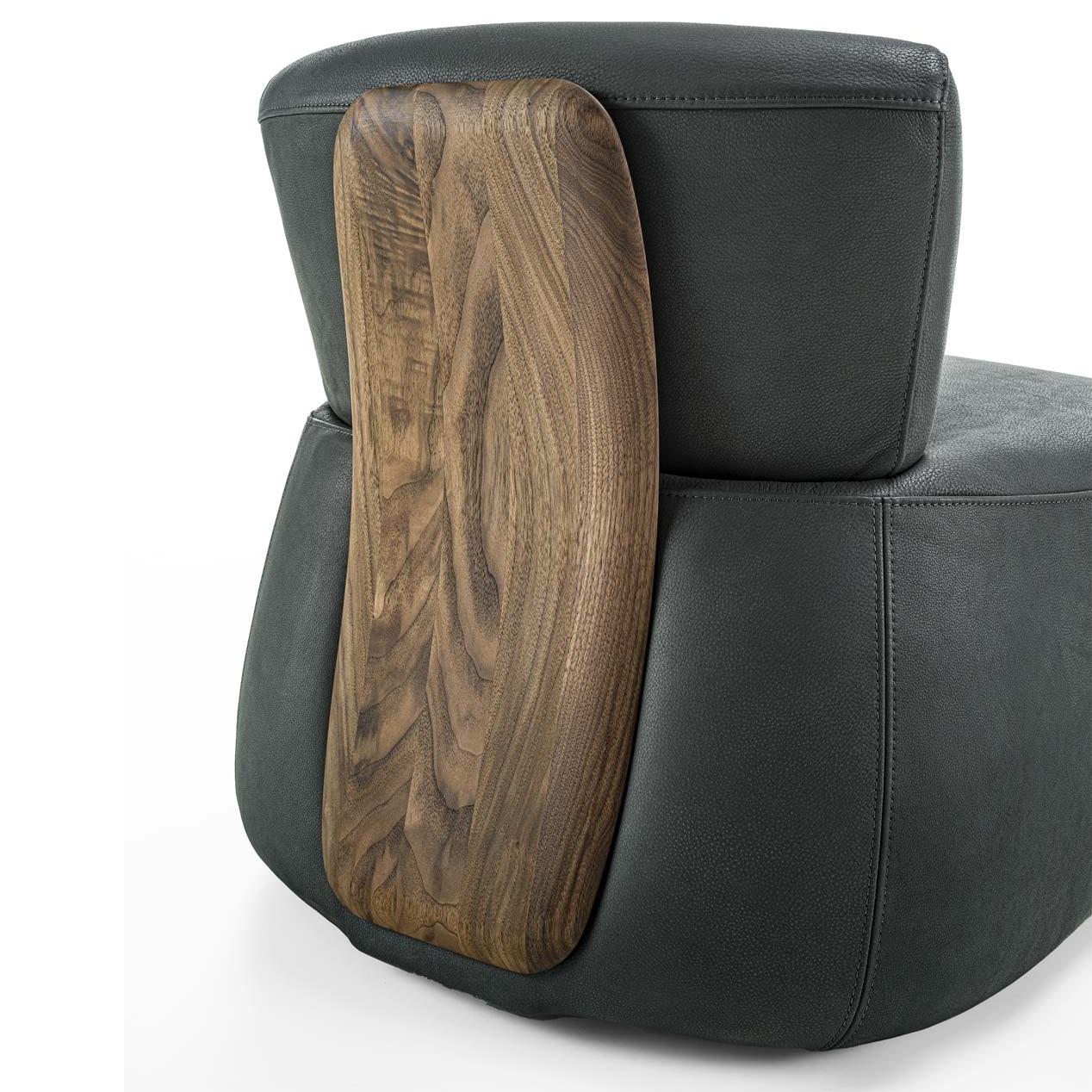 Upholstered Armchair with a Distinctive Solid Wood Backrest For Sale 1