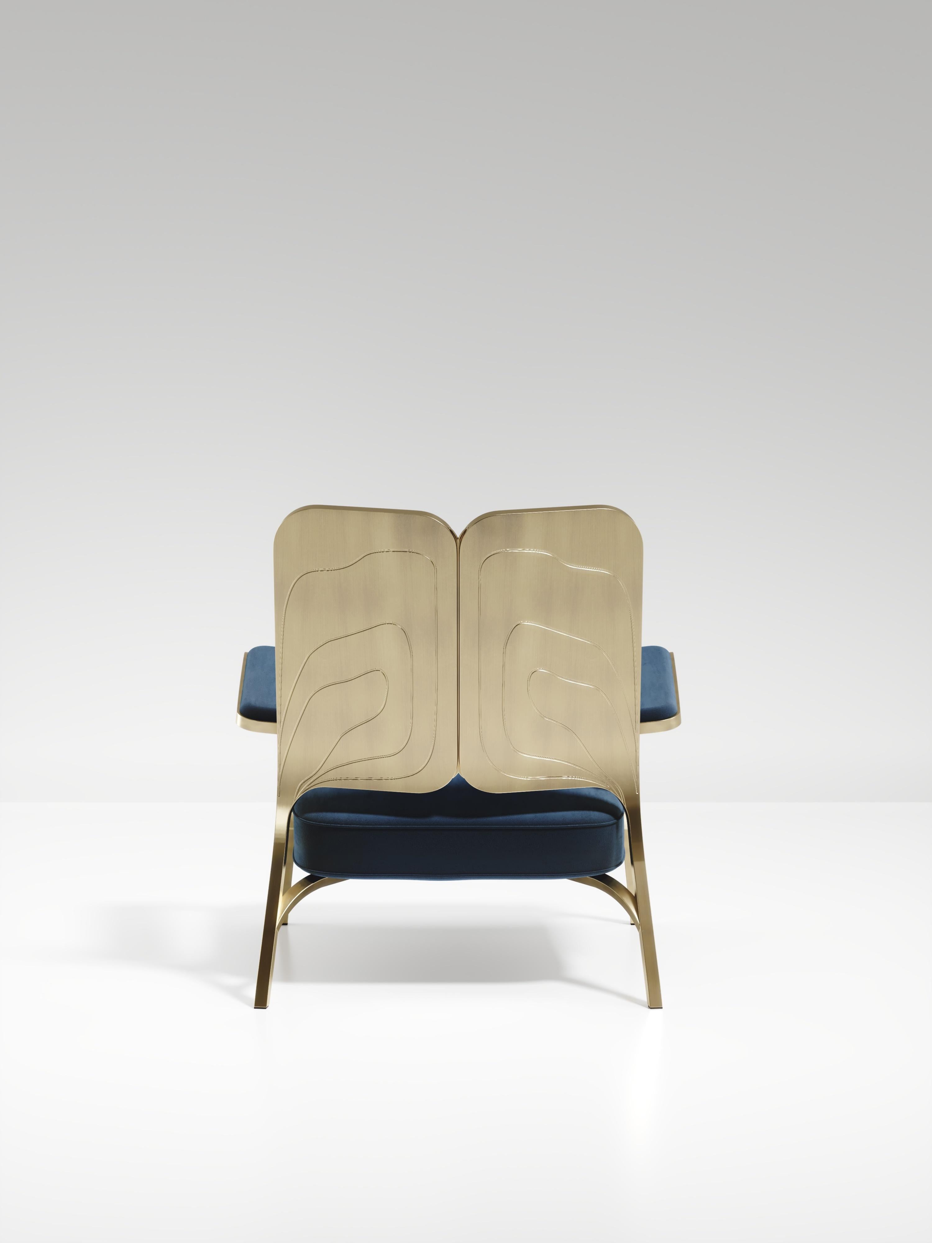 Hand-Crafted Upholstered Armchair with Bronze-Patina Brass Details by R&Y Augousti For Sale
