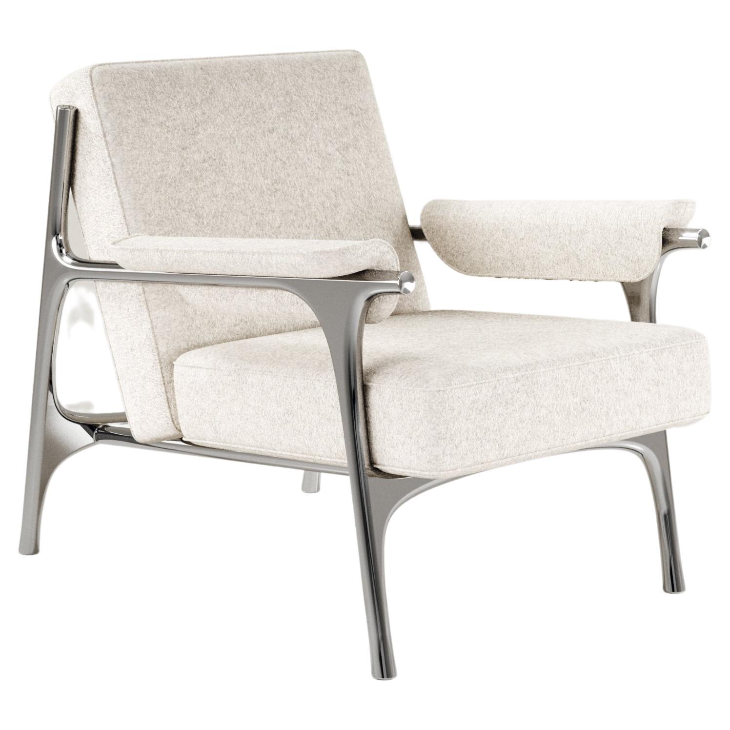Upholstered Armchair with Chrome Finish Stainless Steel Details by R&Y Augousti For Sale