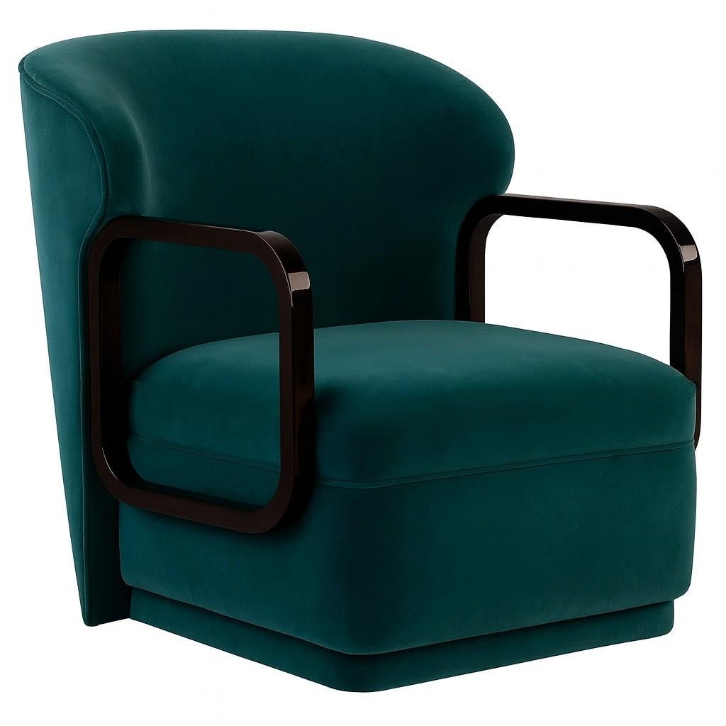 This elegant and contemporary armchair is a beautiful blend of comfort and structured design. It features a plush, upholstered seat and backrest that provide an inviting and comfortable place to relax. The chair's most distinctive element is its two