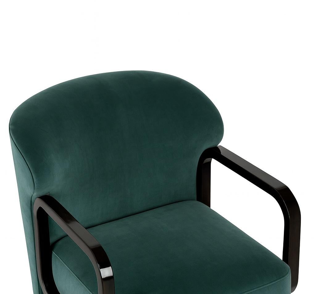 Mid-Century Modern Contemporary Armchair with Rounded Square Ebony Wood Arms For Sale