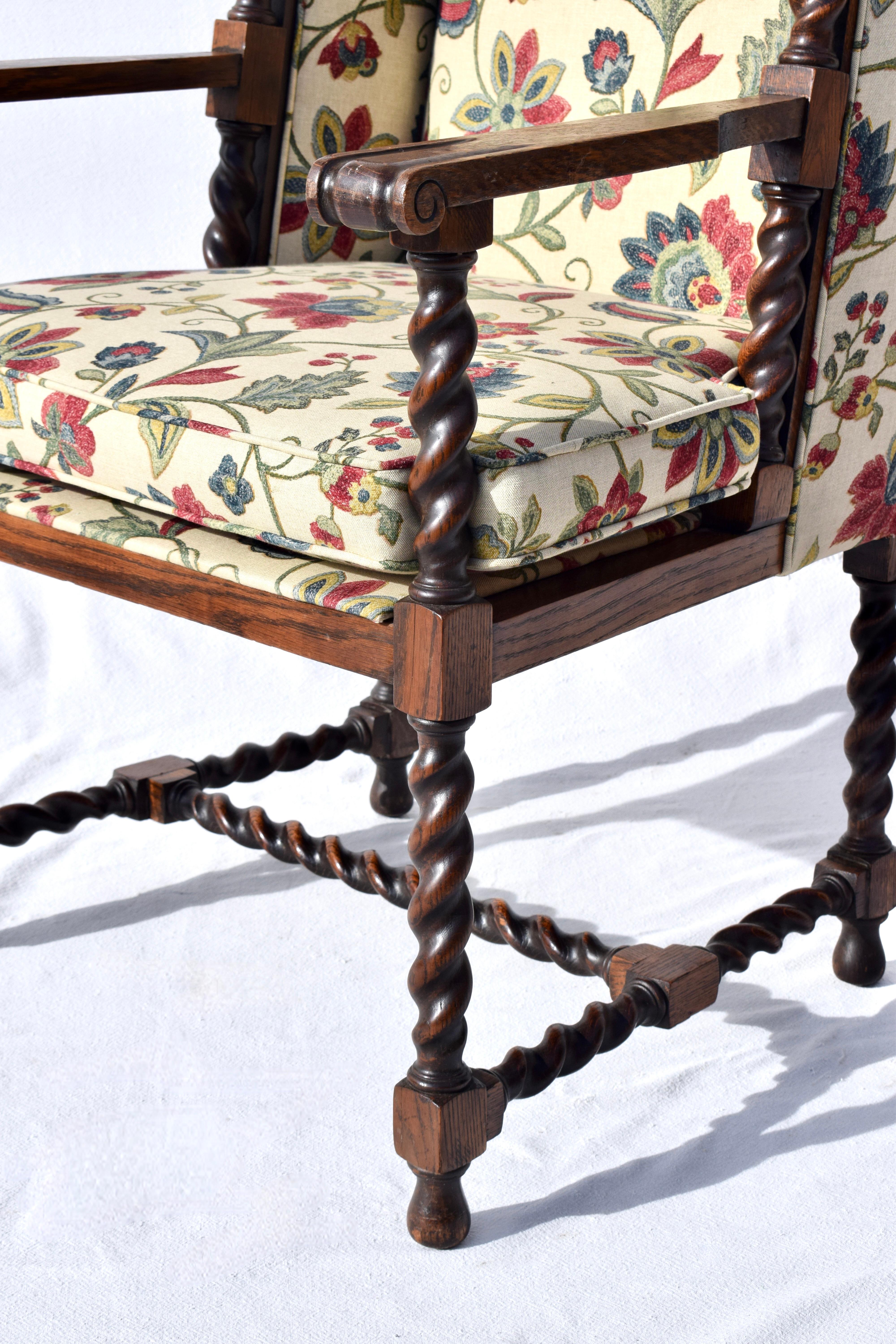 Upholstered Barley Twist Wing Back Lounge Chairs For Sale 4