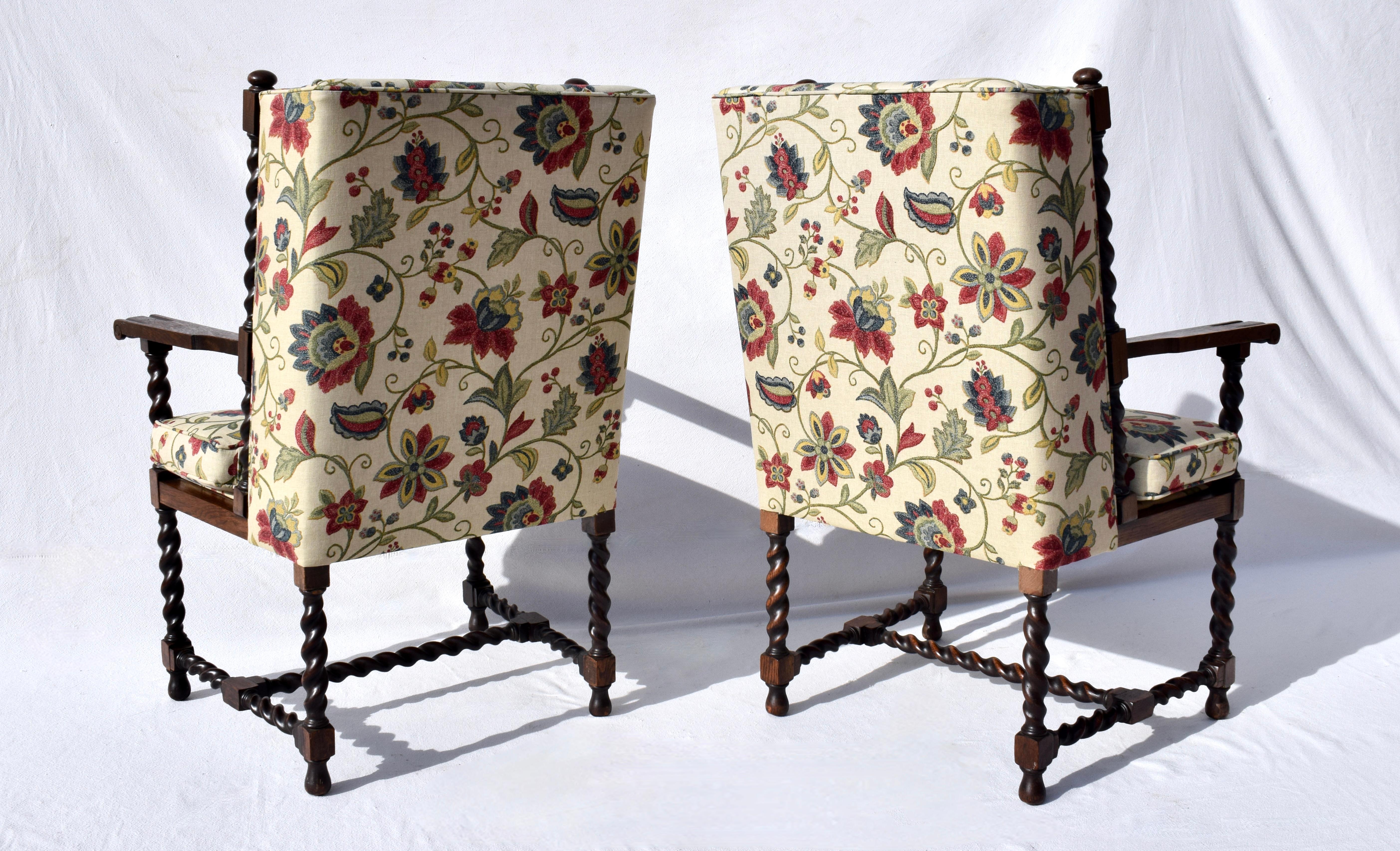 Upholstered Barley Twist Wing Back Lounge Chairs In Good Condition For Sale In Southampton, NJ