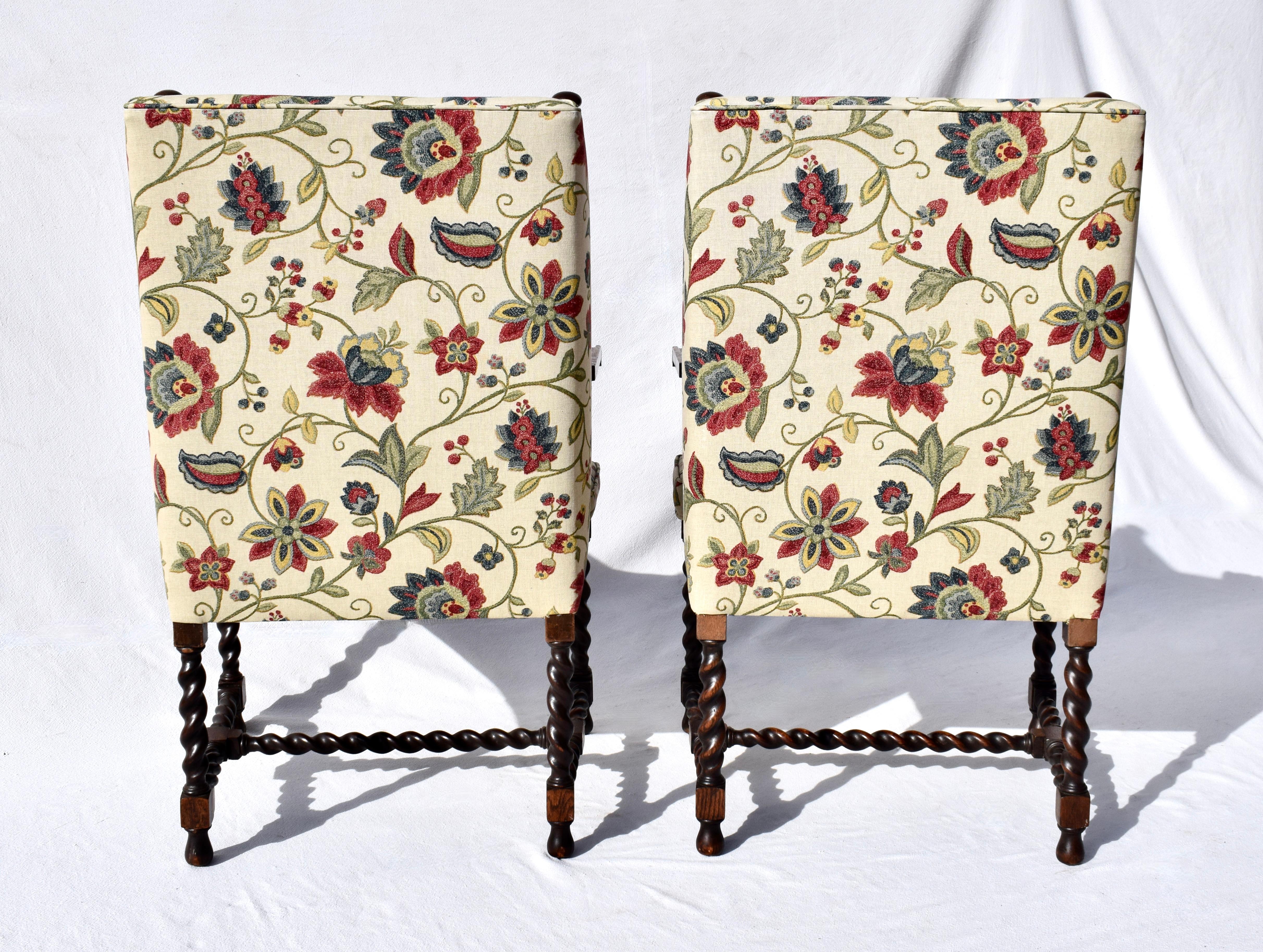 20th Century Upholstered Barley Twist Wing Back Lounge Chairs For Sale