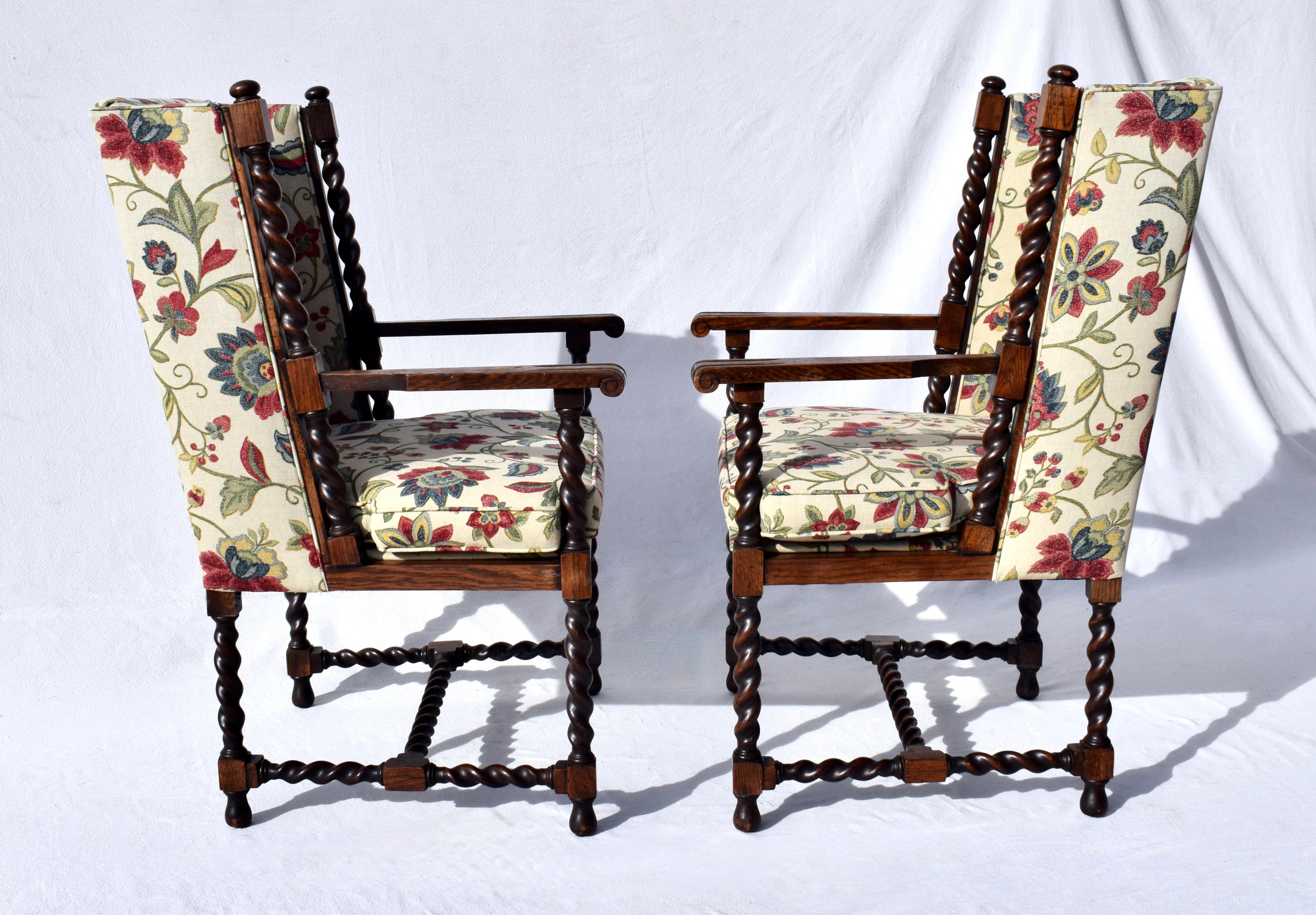 Upholstered Barley Twist Wing Back Lounge Chairs For Sale 1