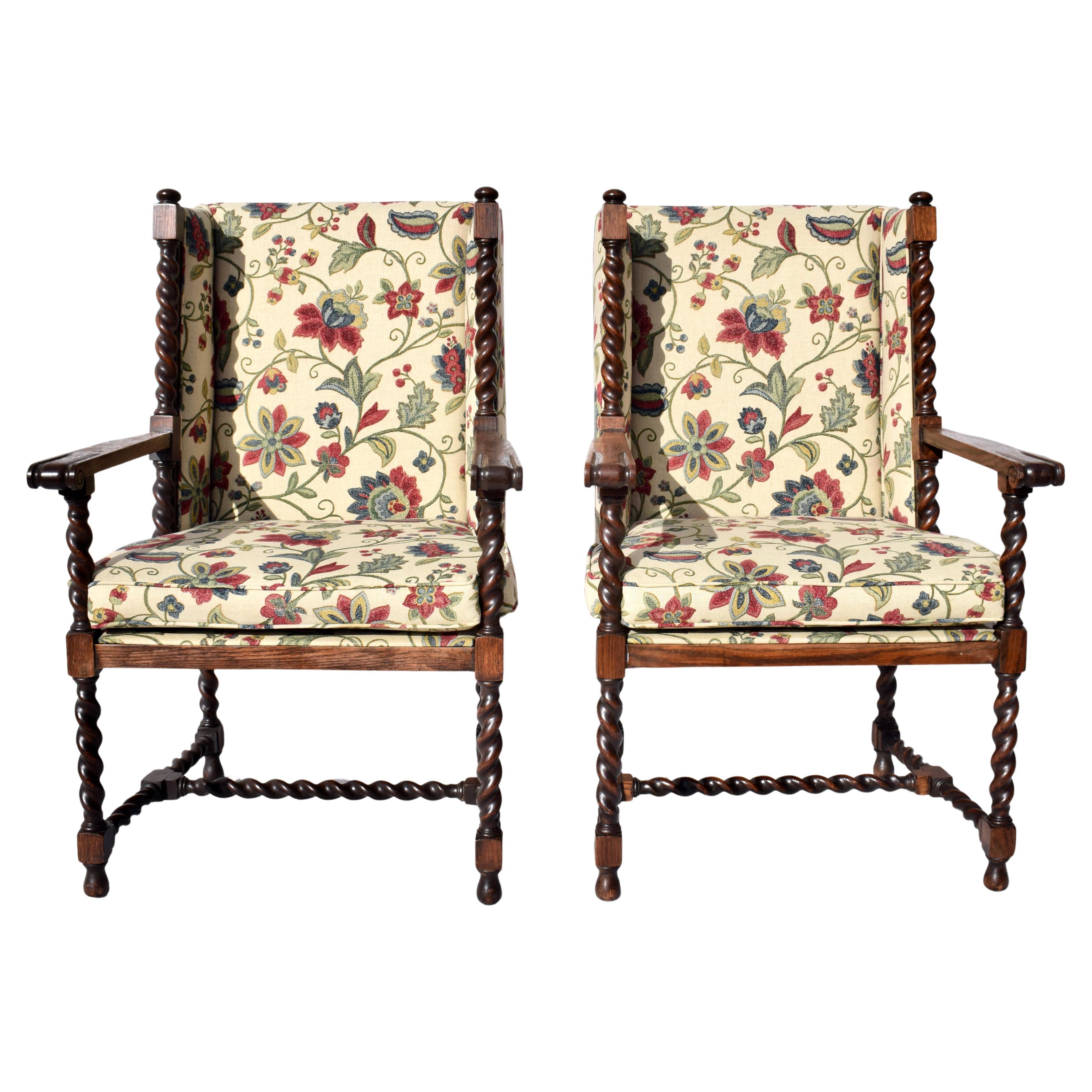 Upholstered Barley Twist Wing Back Lounge Chairs