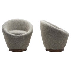 Upholstered Barrel Occasional Chairs with Wood Bases, Europe ca 1950s