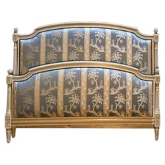 Upholstered bed in Louis XVI style, beige wood
