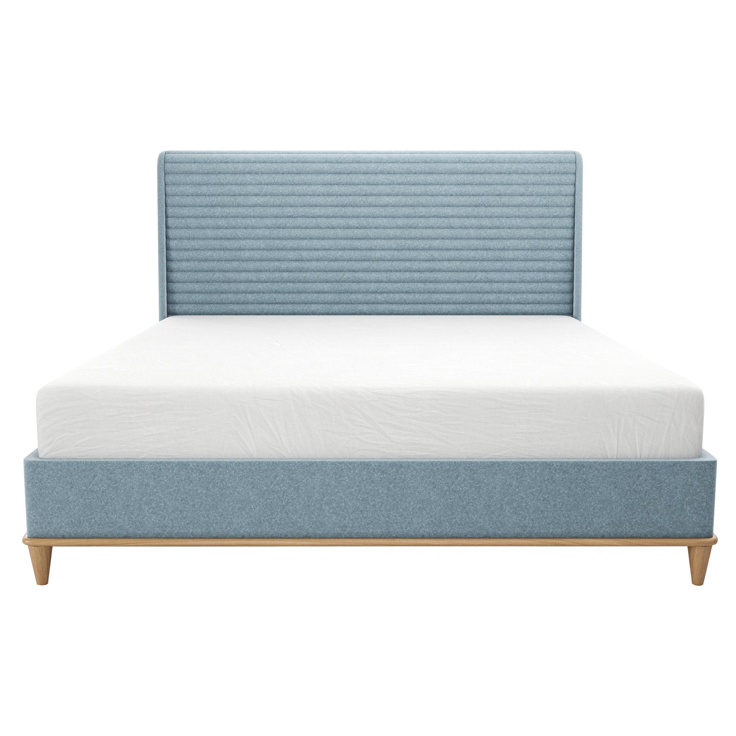 Upholstered Bed with Channeled Headboard and Covered Rails on Wood Base and Legs For Sale
