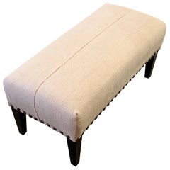 Natural Color Linen Bench, Extra Large Brass Studs, United States, Contemporary